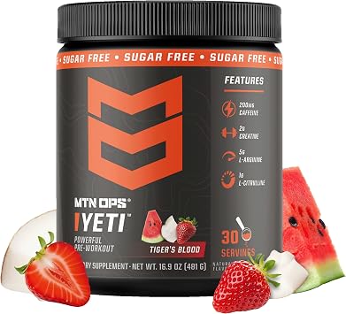 MTN OPS Yeti Pre-Workout Powder Energy Drink with Creatine, 200mg Caffeine & BCAAs with Beta Alanine, 30-Serving Tub, Tigers Blood