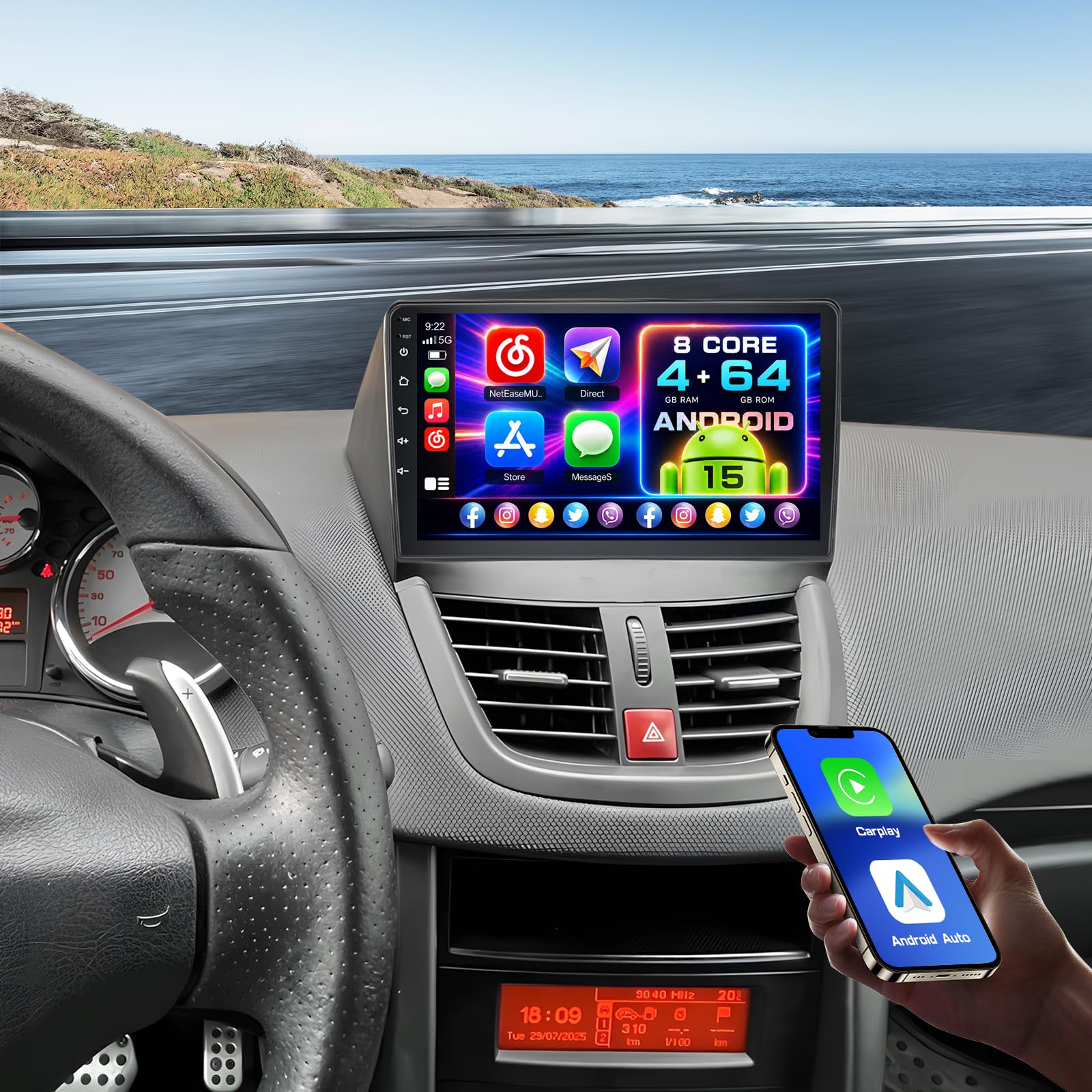 Hikity 8 Core 4+64GB Android 15 Autoradio Wireless Carplay pour Peugeot 207 2006-2015 Tactile Écran 9 Pouces Bluetooth Poste Radio Voiture avec GPS WiFi EQ DSP Android Auto RDS FM Canbus