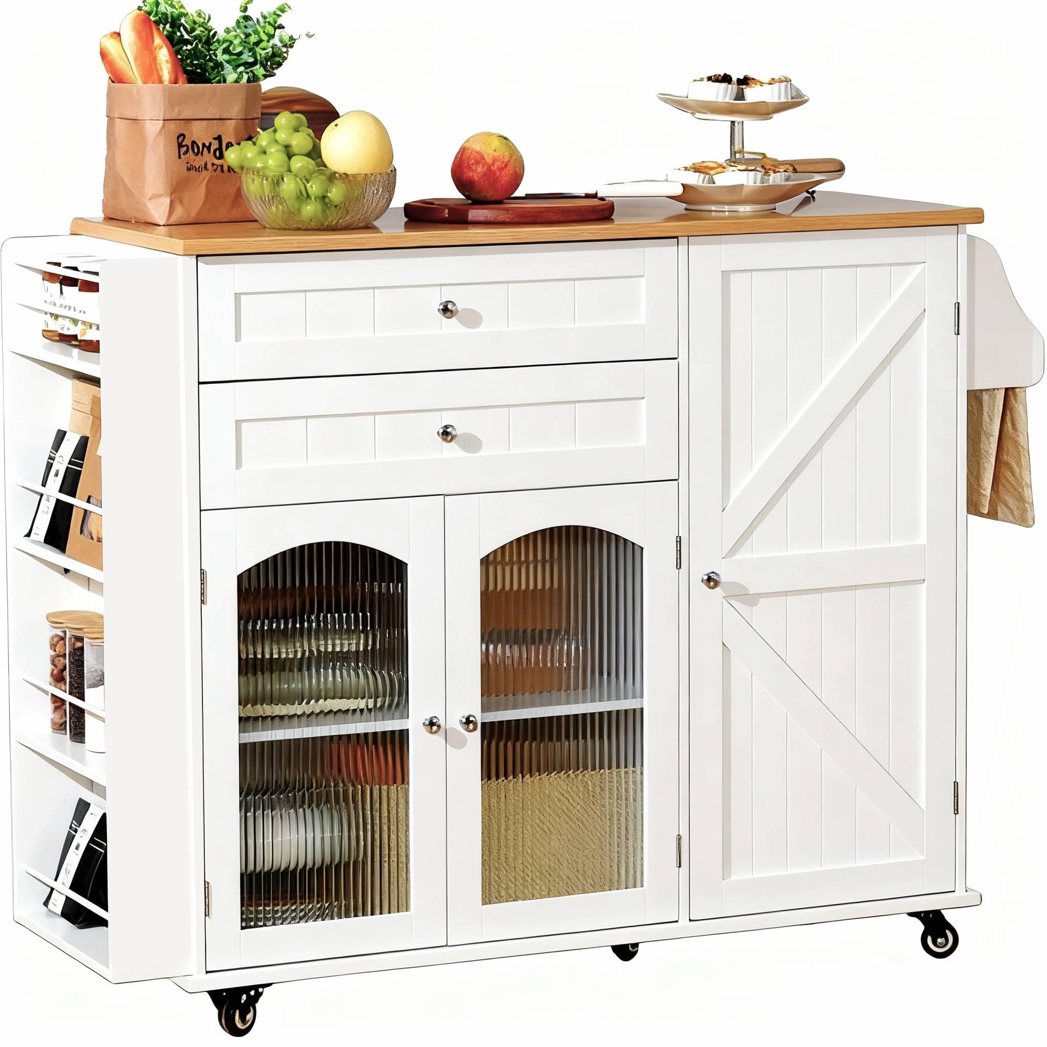 FirFurd Îlot Central Cuisine Desserte Cuisine à roulettes avec Plans de Travail Rabattable Meuble de Cuisine avec 2 Tiroirs, 3 Portes, Support à Épices, Porte-Serviette 132x40x97,5cm Blanc