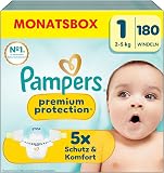 Pampers Premium Protection Lot de 180 couches pour bébé Taille 1 (2-5 kg) Nouveau-né Paquet semi-mensuel Excellent confort et protection pour les peaux sensibles - 1