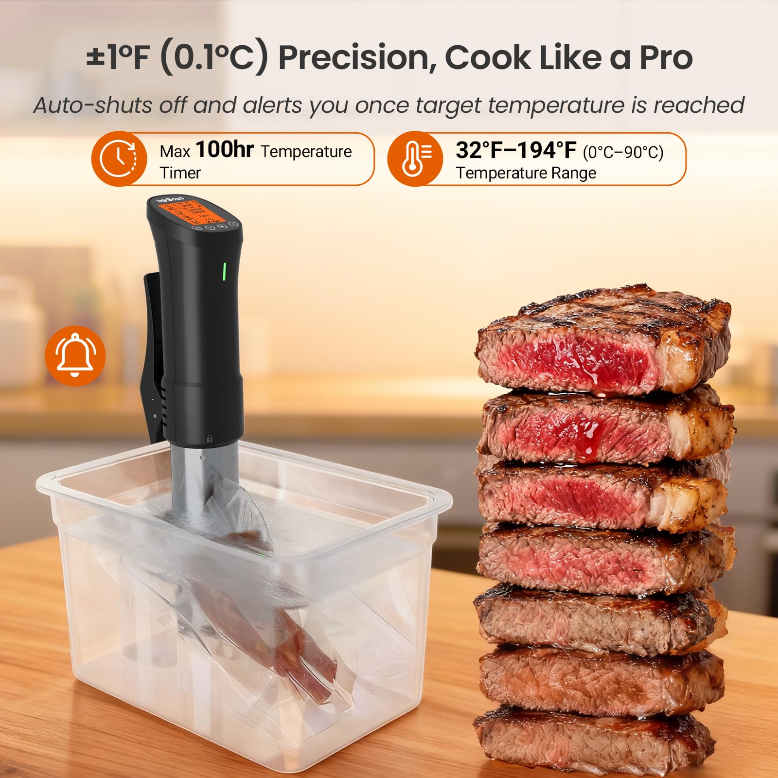 WiFi Sous Vide Cooker 2.4G, 1000W, APP Control, 1°F Accuracy | Sous Vide Machine ISSV-200-W with 18 Preset Recipes, 100-Hour Timer, Temperature Calibration&Alarm, Ultra-Quiet Fast Heating
