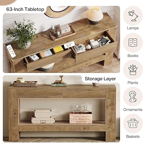 Miniatura 5 de Tribesigns Mesa consola de 63 pulgadas con 2 cajones, mesa de entrada de granja con estante de almacenamiento y patas resistentes, mesa de sofá de