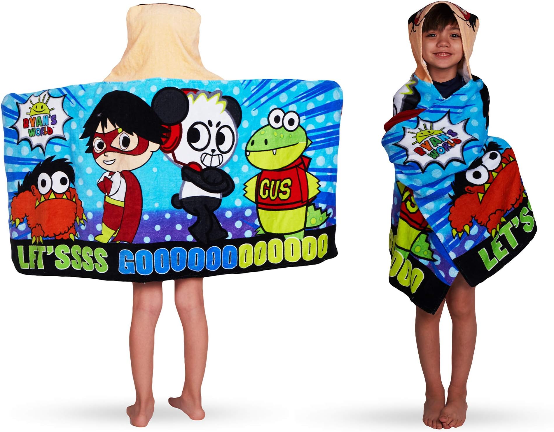 Franco Kids Bath and Beach Soft Cotton Terry Hooded Towel Wrap, 24" x 50", Ryan’s World