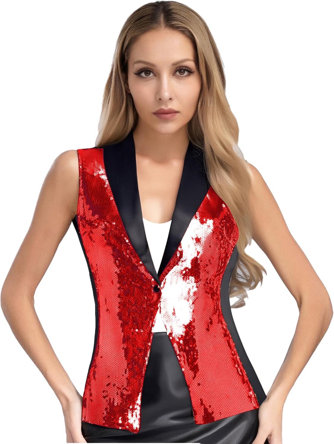 JEYPINMI Womens Sparkly Sequins Vest V Neck Sleeveless Glitter Dressy Waistcoat One Button Outerwear Tops