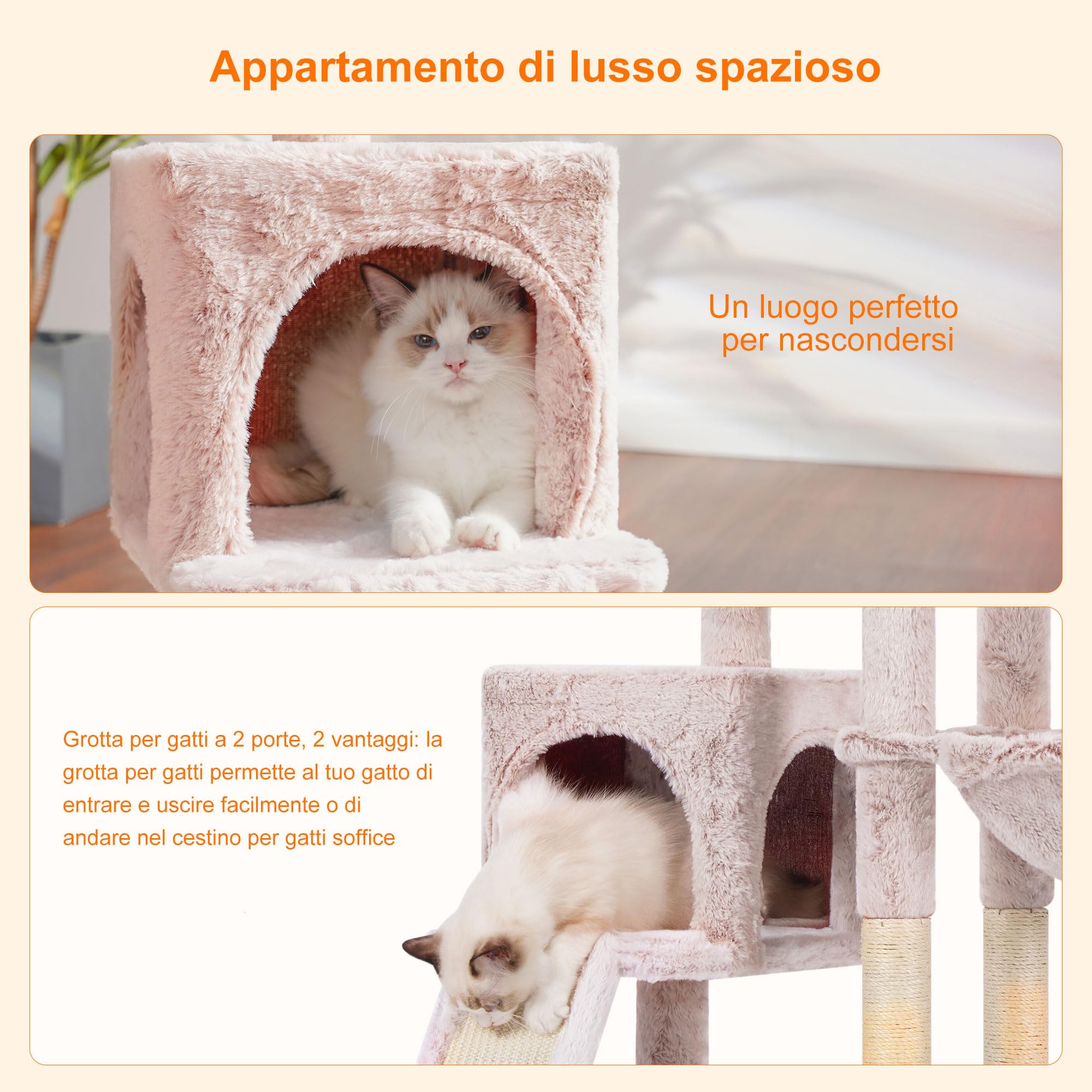 Heybly Albero Per Gatti, Il Pennello di Autocurazione, l'Albero per Gatto Domestici, con Peluche Lisce, Poltrona di Riposo, Nido per Gatti e Paletti per Graffiare, Beige Marrone HCT005SMU