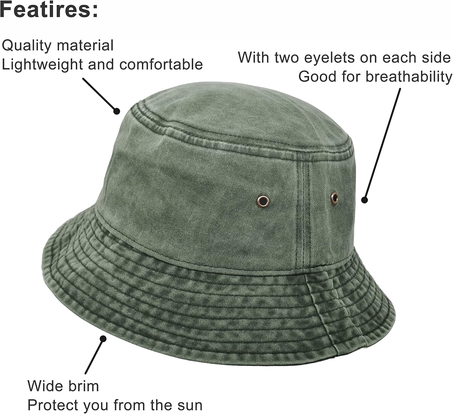 Bucket Hat, Wide Brim Washed Denim Cotton Outdoor Sun Hat Flat Top Cap for Fishing Hiking Beach Sports - Image 3