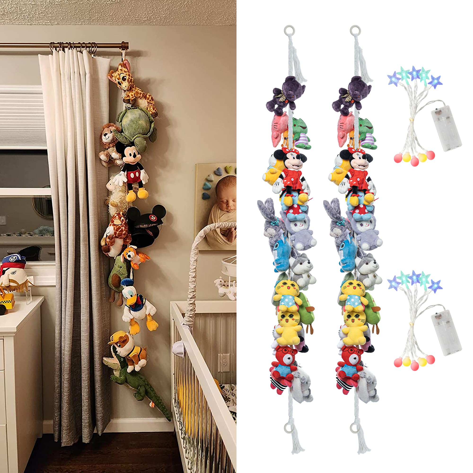 2PCS Stuffed Animals Storage Chain Organizers 80" Cotton Hanging Storage Chain with 2 Pcs Led Light 40 Metal Clips Stuffed Animal Display Holder Chain for Nursery Play Room (White)