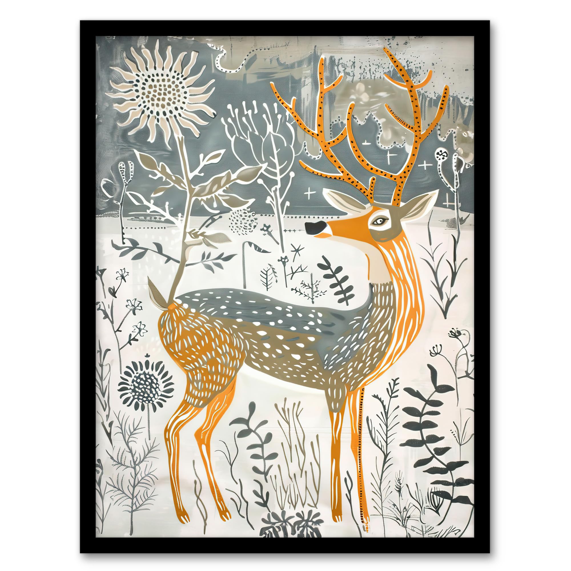 Woodland Deer in Snow Wildflowers Winter Folk Art Wall Art Poster Print