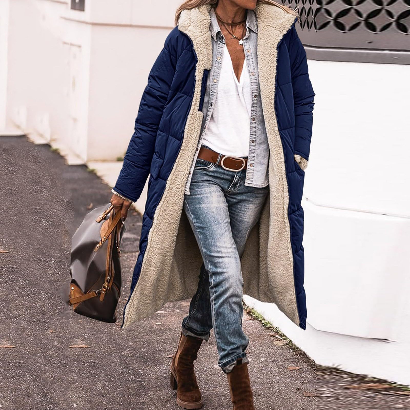 Generisch Giacca invernale da donna alla moda con fodera in pile, reversibile, con tasche con cerniera, abbigliamento casual per le giornate fredde