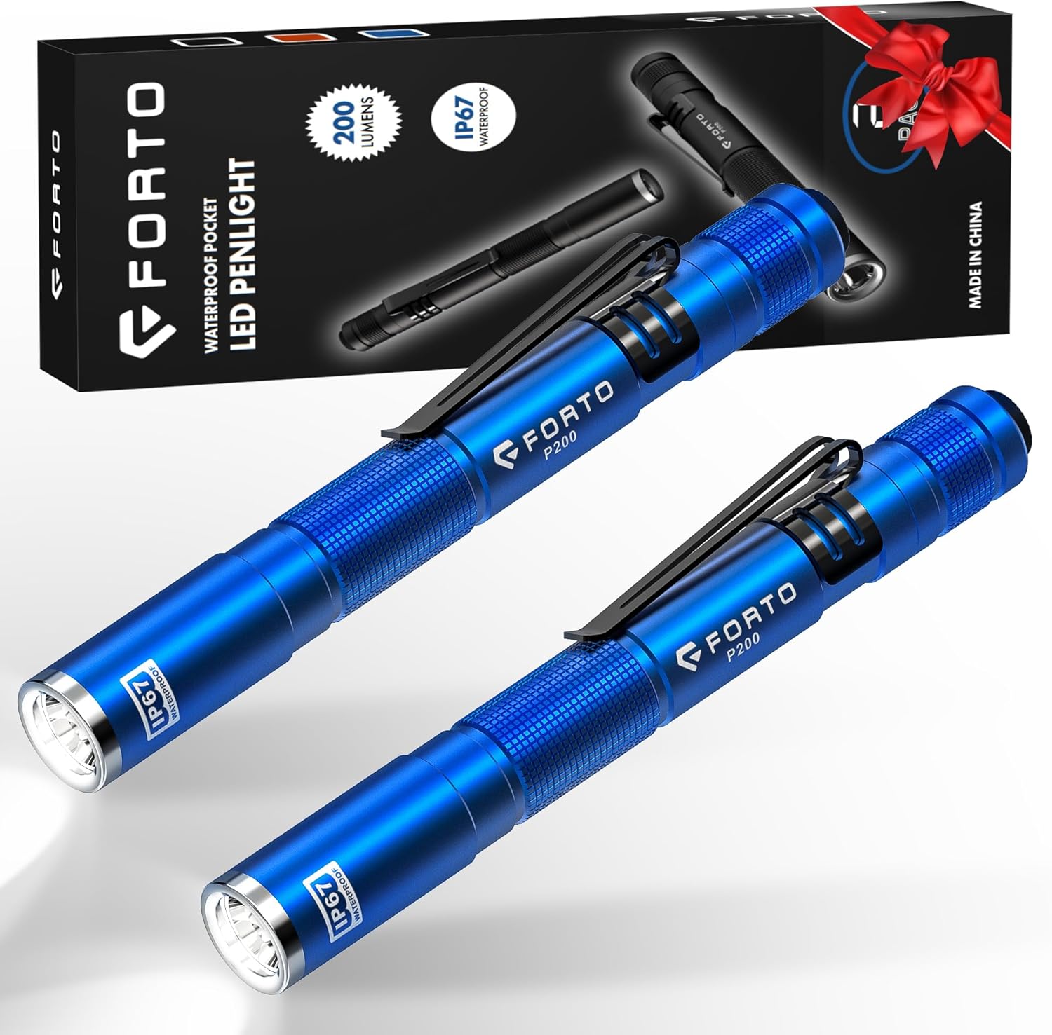 FORTO LED Pen Light, 200 Lumens Pocket Flashlight, IP67 Waterproof, 2 Modes, 2 Pack with AAA Batteries, Lightweight & Durable for Inspection, Medical Use, Emergency(Blue)