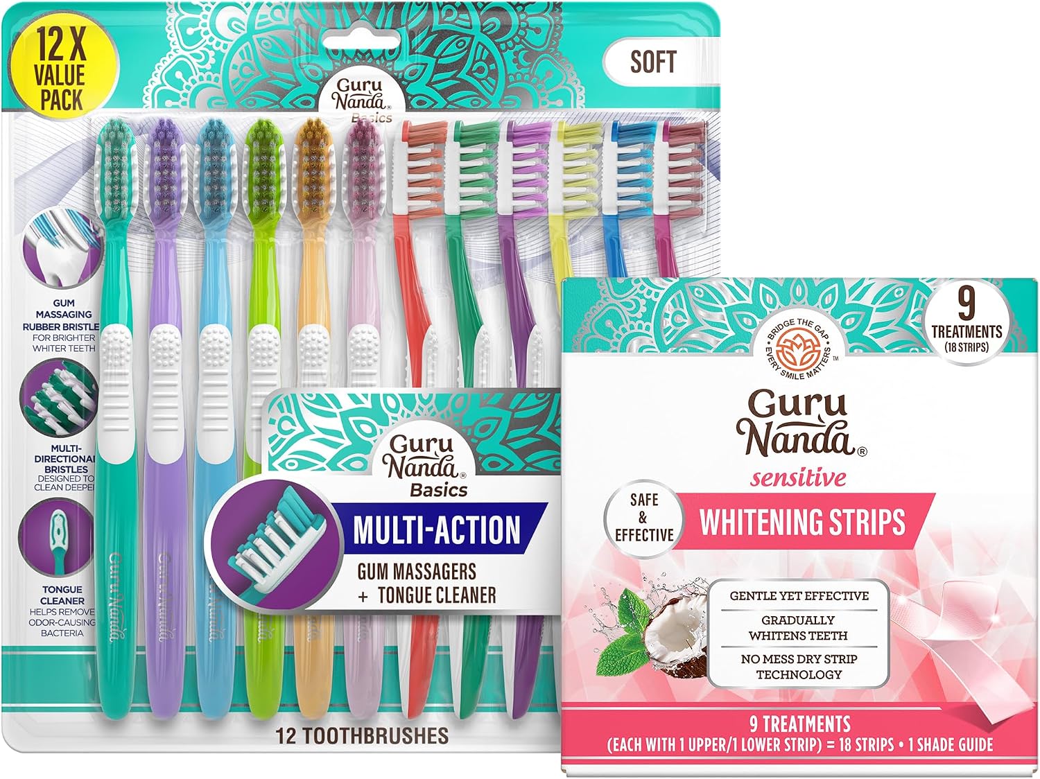 GuruNanda Oral Care & Whitening Bundle – Multi-Action Directional Toothbrushes 12pk & 9-Day Sensitive Whitening Strips for a Brighter Smile & Happier Gums