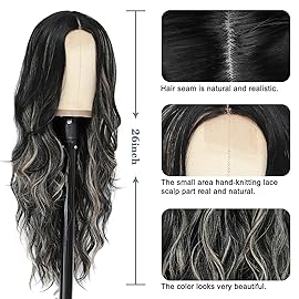 NAYOO Long Black Mixed Blonde Wavy Wig for Women 26 Inch Middle Part Curly Wavy Wig Natural Looking Synthetic Heat Resistant Fiber for Daily Party (Black Mixed Blonde)