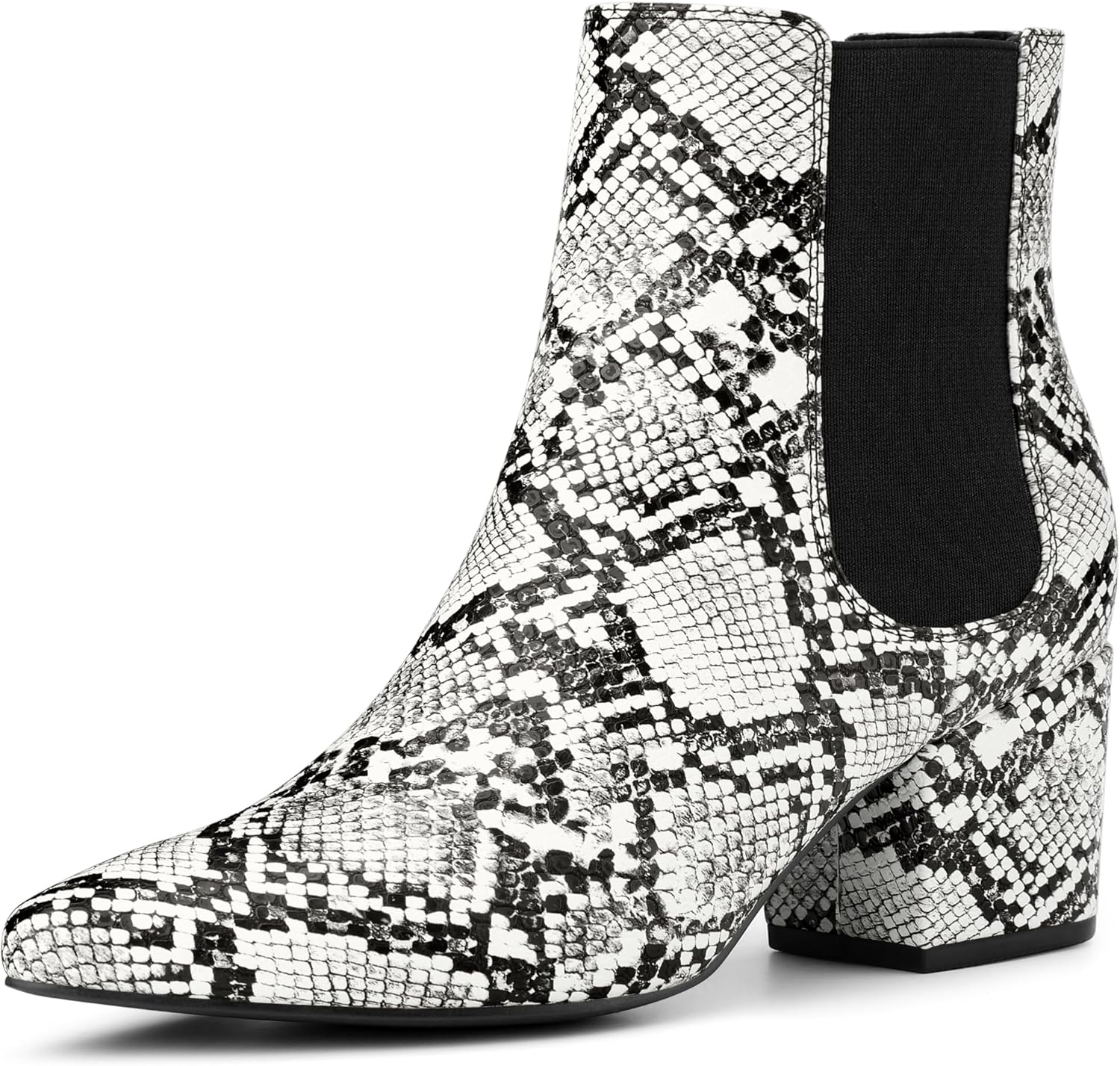 Perphy Snake Print Boots Pointed Toe Chunky Heels Ankle Boots for Women