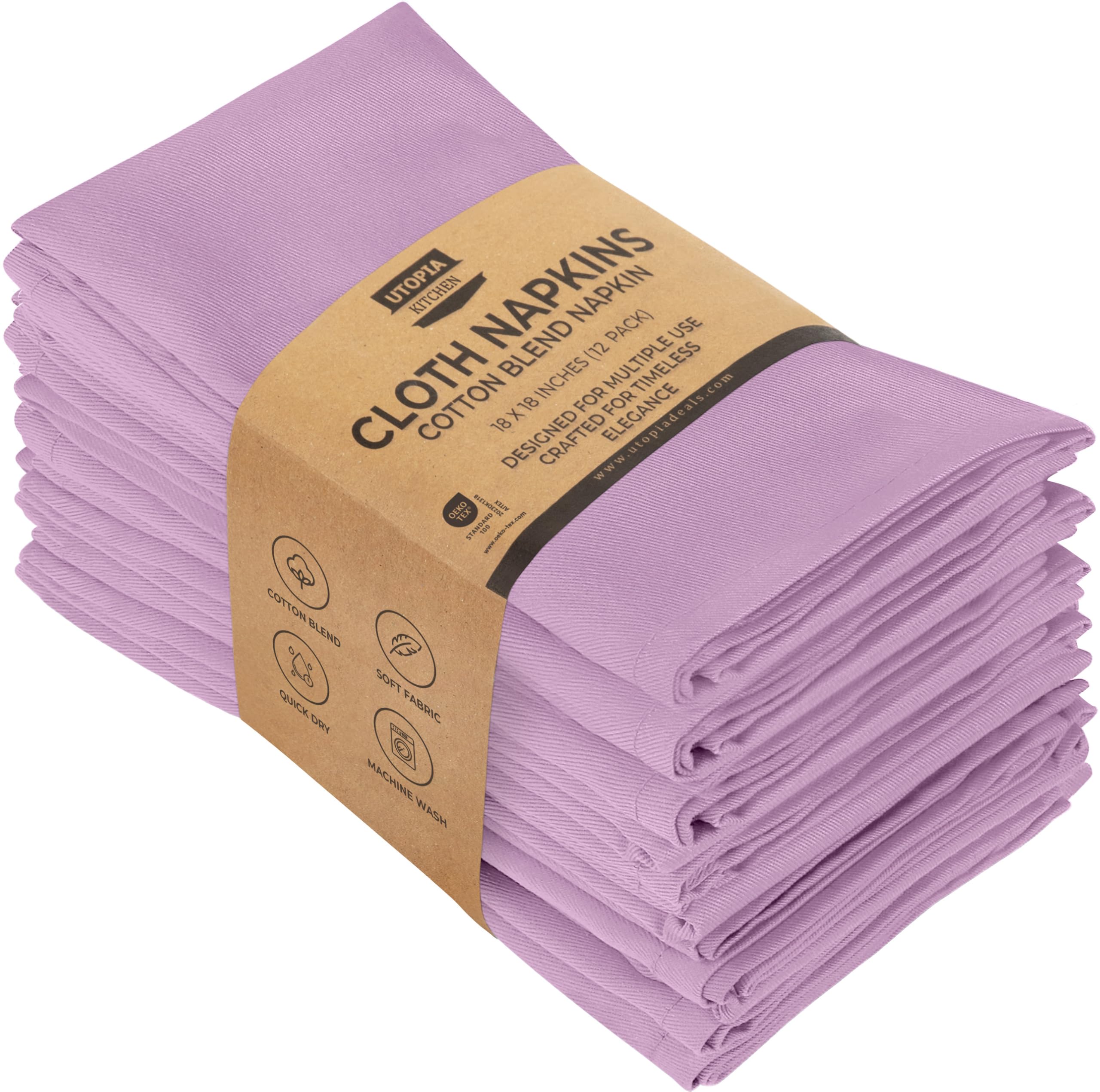 Utopia Kitchen Lavender Cloth Napkins [12 Pack, 18x18 Inch] Absorbent Cotton Blend Washable and Reusable for Dinner, Restaurant, Lunch, Wedding and Hotel