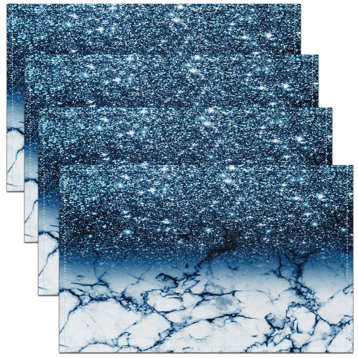 Ombre Blue White Glitter Marble Table Place Mats Set 45X30cm Silver Shiny Placemats Set of 4 Decor Modern Marble Aesthetic Placemat Kitchen Dining Table Decor Indoor Outdoor