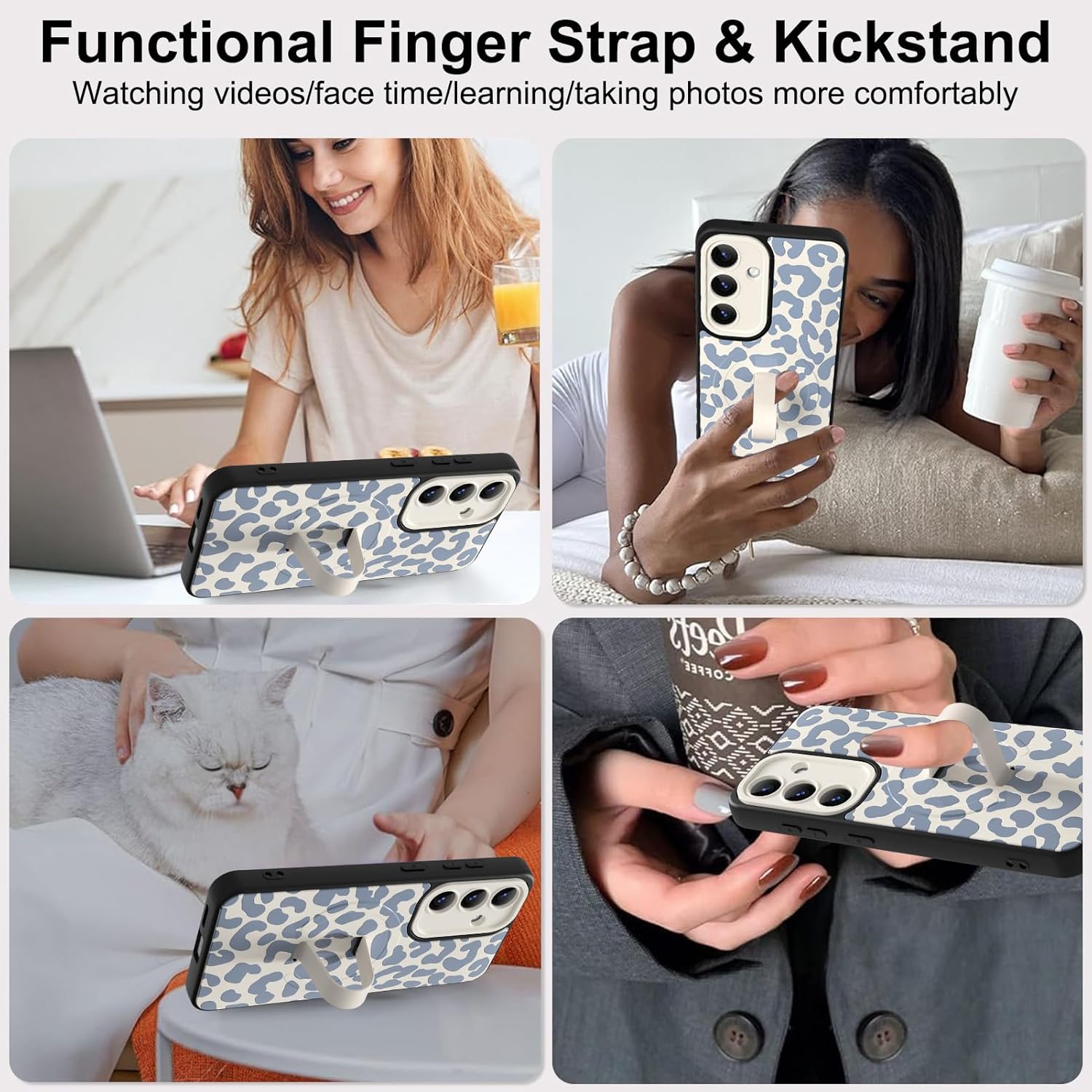 Magnetic for Samsung Galaxy S25 Case with Finger Strap Stand, Compatible with Magsafe, Trendy Leopard Cheetah Phone Case for Women Men Slim Shockproof Cover for S25, White Leopard