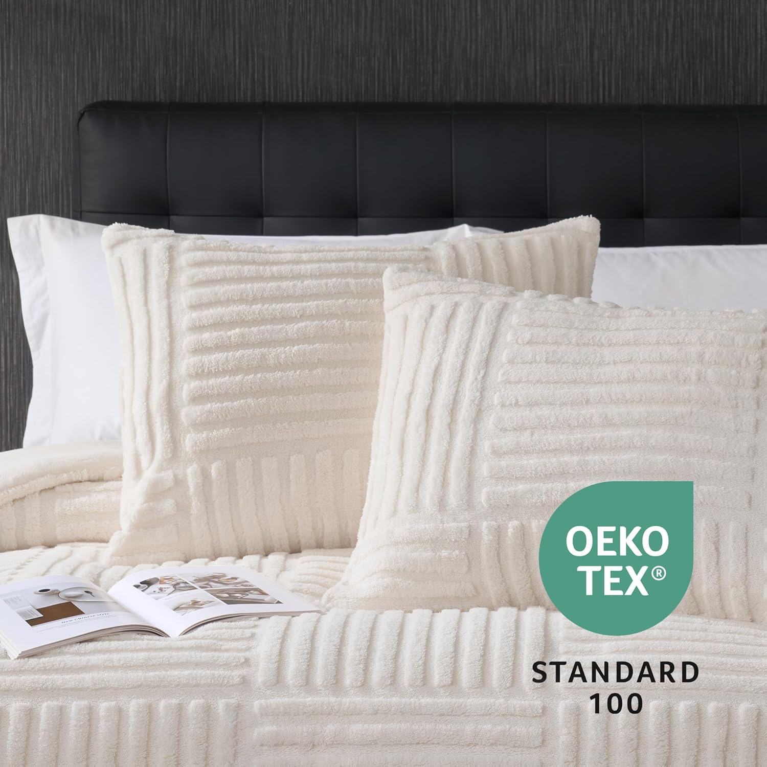 Amélie Home Queen Comforter Set, Beige Fleece Bedding Set with Stripe Jacquard, Soft Fluffy Bedding Set for Winter, 3 Pieces, 1 Warm Comforter and 2 Pillowcases - Image 5