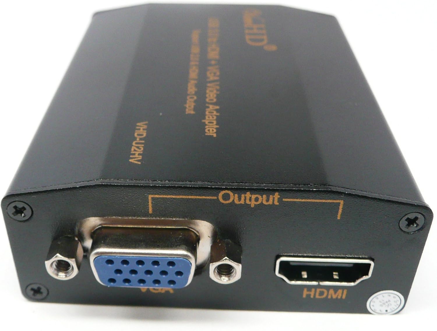 ViewHD VHD-U2HV adapter with HDMI and VGA output ports labeled