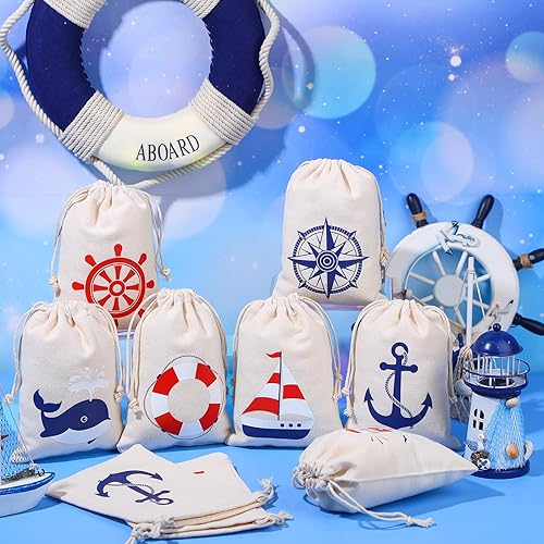 Miniatura 2 de Paquete de 24 bolsas de regalo náuticas de algodón con cordón de anclaje náutico, regalos temáticos para niños y niñas, cumpleaños, boda, playa,
