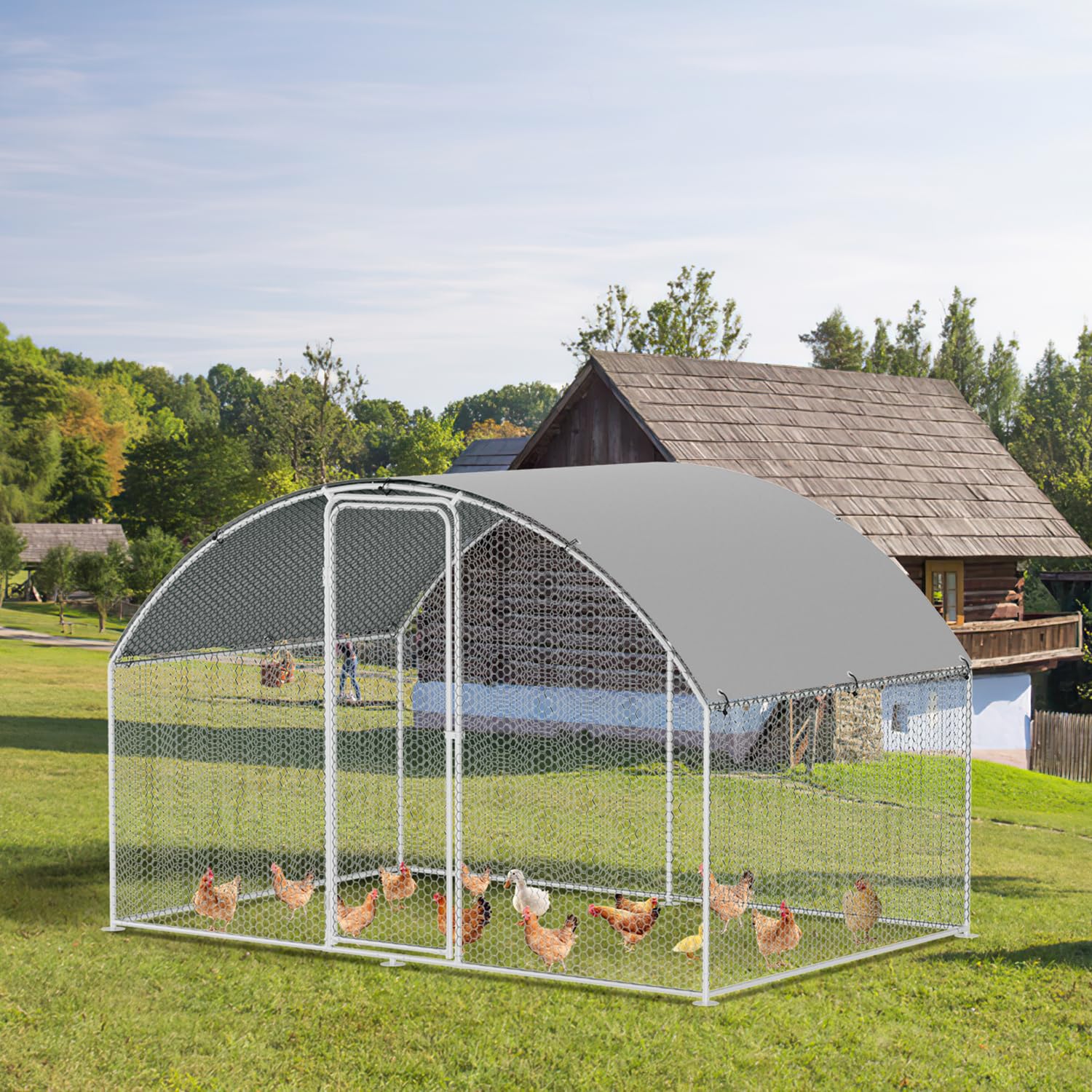 Gallinero con cercado para exterior de acero galvanizado, 3 x 2 x 2 m, gallinero exterior con techo abovedado con cerradura y tela impermeable de PE, para gallinero, jaula para pájaros