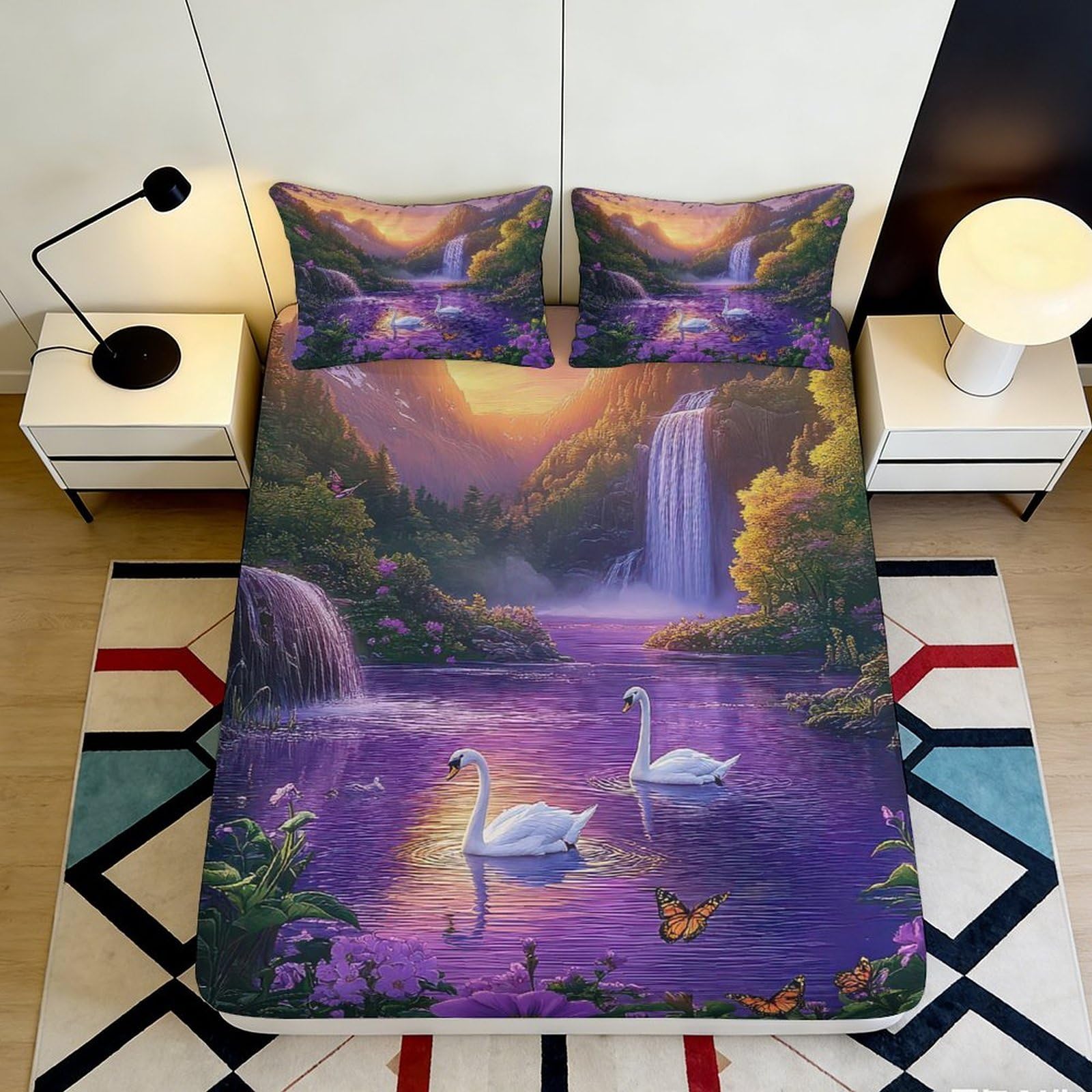 3D Printed Swan Lake Fitted Sheet Microfiber Scenic Waterfall Bed Cover for Bedroom Guest Room Decor Mattress Protection 200x200x25cm