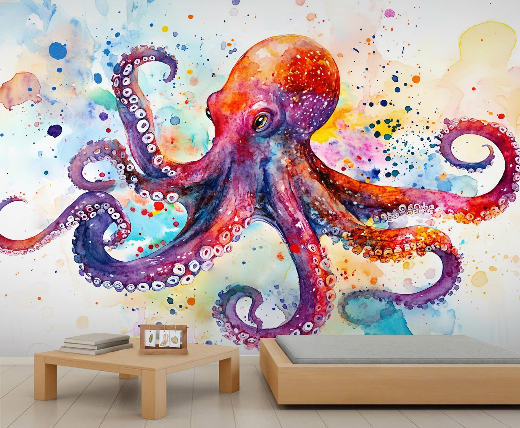 Colorful Octopus Wall Mural, Cartoon Octopus Wallpaper, Ocean Large Mural, 3D Wallpaper for Teen Boy Girl Room Wall Decor - 59" x 39" (Not Peel n'