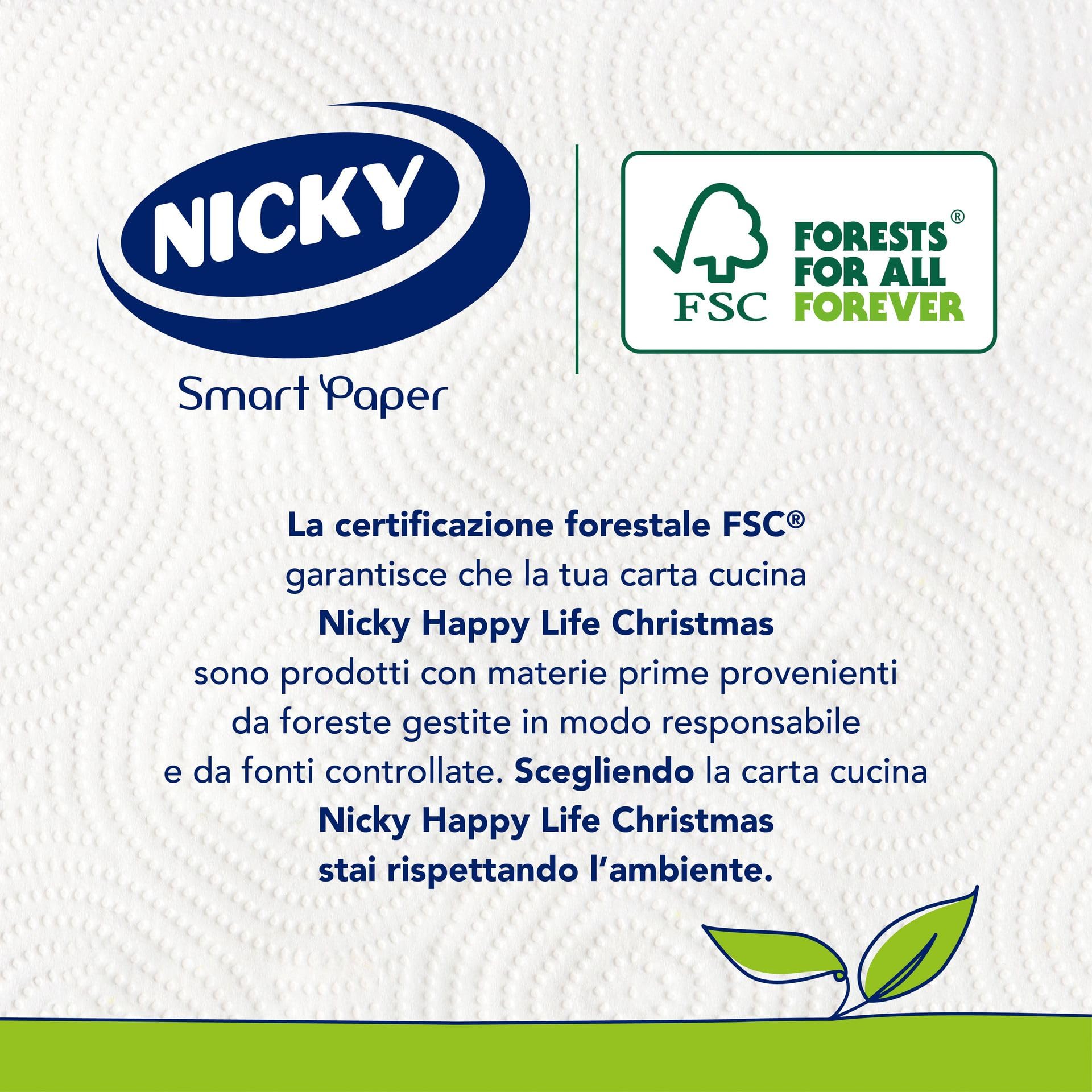 Nicky Happy Life Christmas - Carta Cucina Natalizia, 24 Rotoli Asciugatutto da 100 Strappi, Carta a 2 Veli, Apertura Facilitata, 4 decori natalizi diversi, Resistente ed Assorbente, Carta FSC