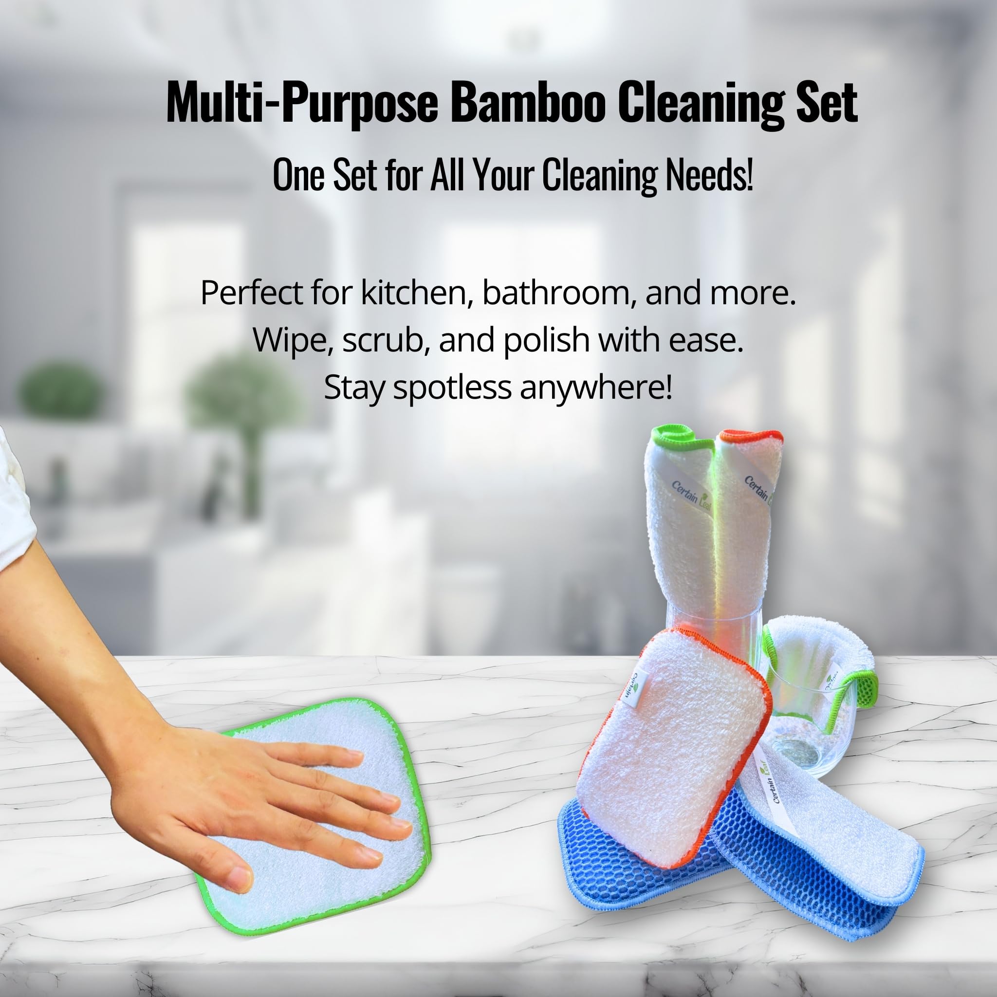 Certain Leaf Bamboo Dish Sponge & Kitchen Cloth Set - 6 Pack | Eco-Friendly, Reusable, Extra Absorbent, Non-Scratch, Durable Sponges & Cloths for Kitchen and Household Cleaning (Assorted)