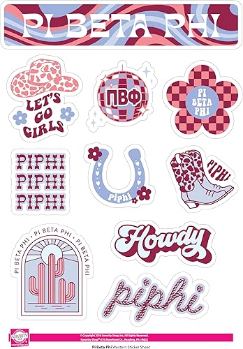 Pi Beta Phi - Hoja de calcomanías de vinilo de diseño occidental con diseños oficiales, adhesivo extraíble, 10 calcomanías por hoja, por Sorority