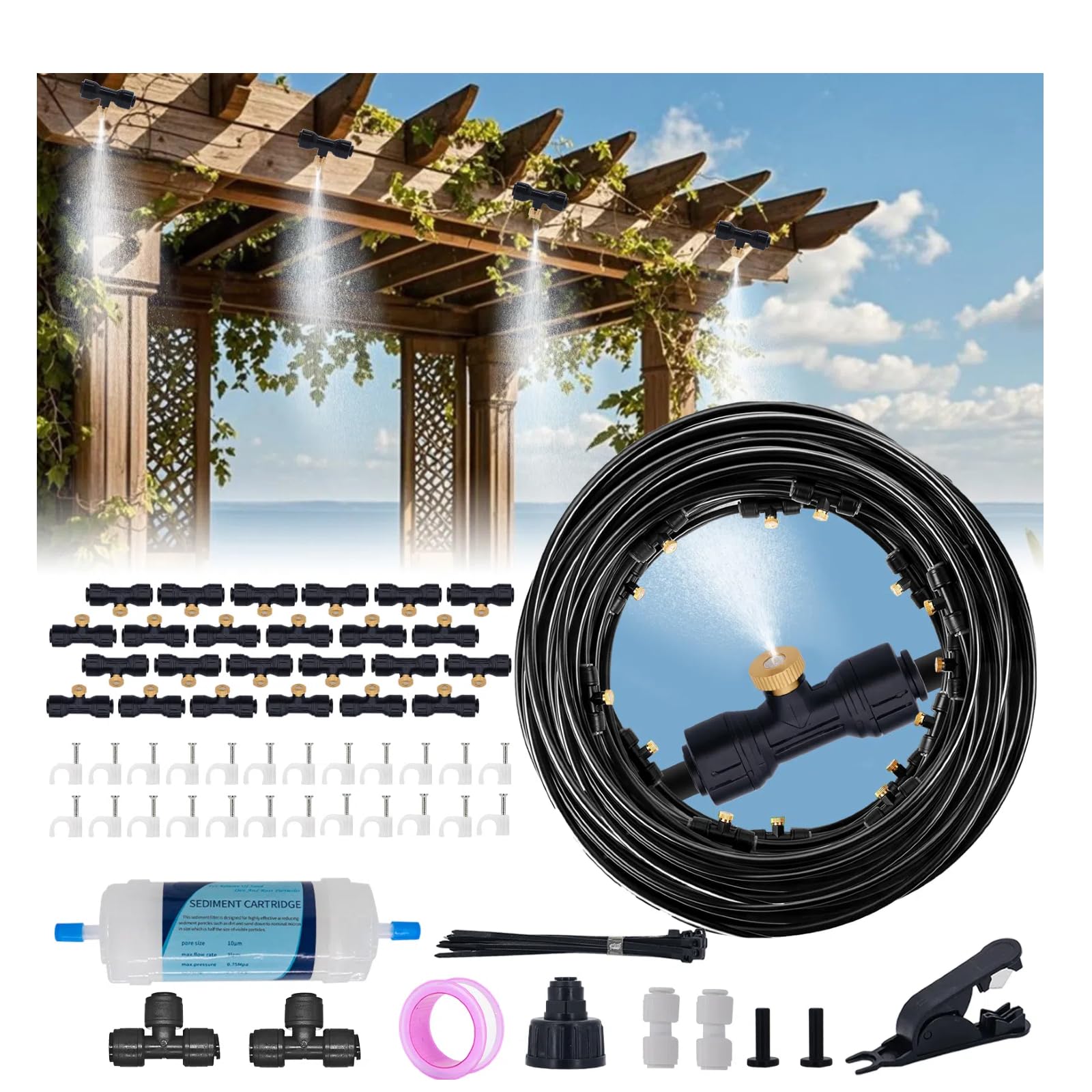 Misters for Outside Patio, 75FT Misting Cooling System with Water Filter & 24 Nozzles - Outdoor High Pressure Mister Kit f...