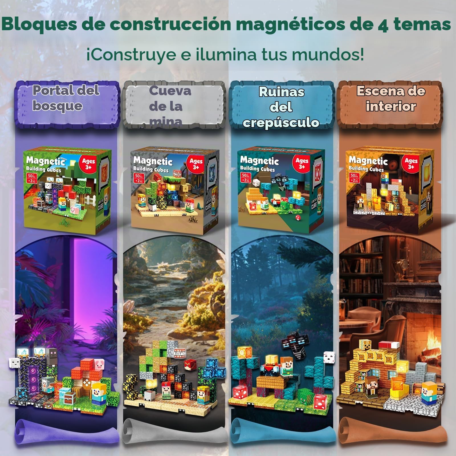 Goody King Bloques Magnéticos Construcción Niños 200 Piezas + 8 Bases - 4 Temáticos: Portal, Mina, Ruinas Crepusculares y Habitación, Juego de Construcción Educativo Regalo para Niños de 4 a 12 Años