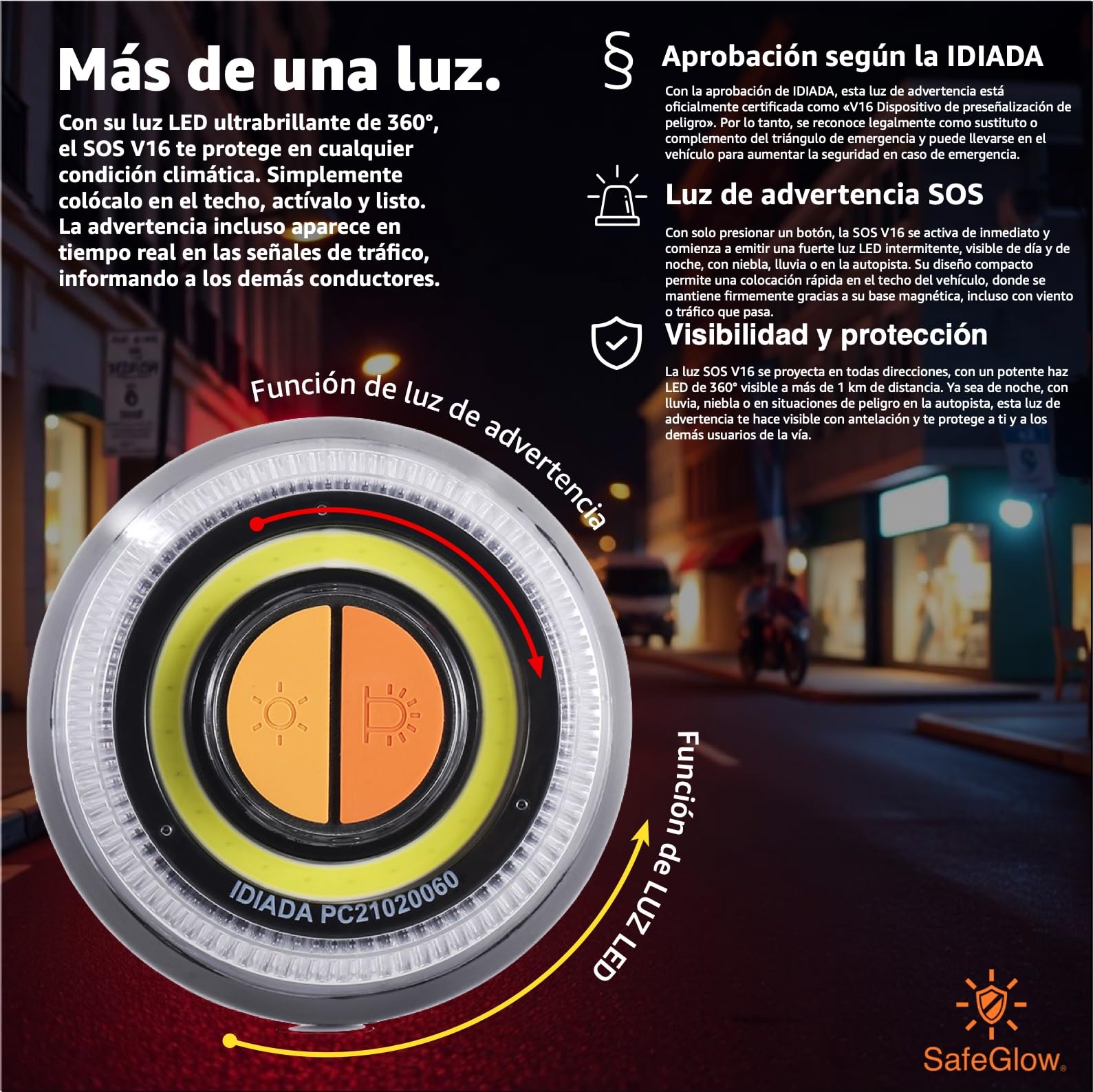 3x Safeglow® Luz de advertencia V16 UE Luz de emergencia IDIADA Autorización n.º PC21020060 - Triángulo de advertencia - Triángulo - para coche y moto (3x Luz V16)