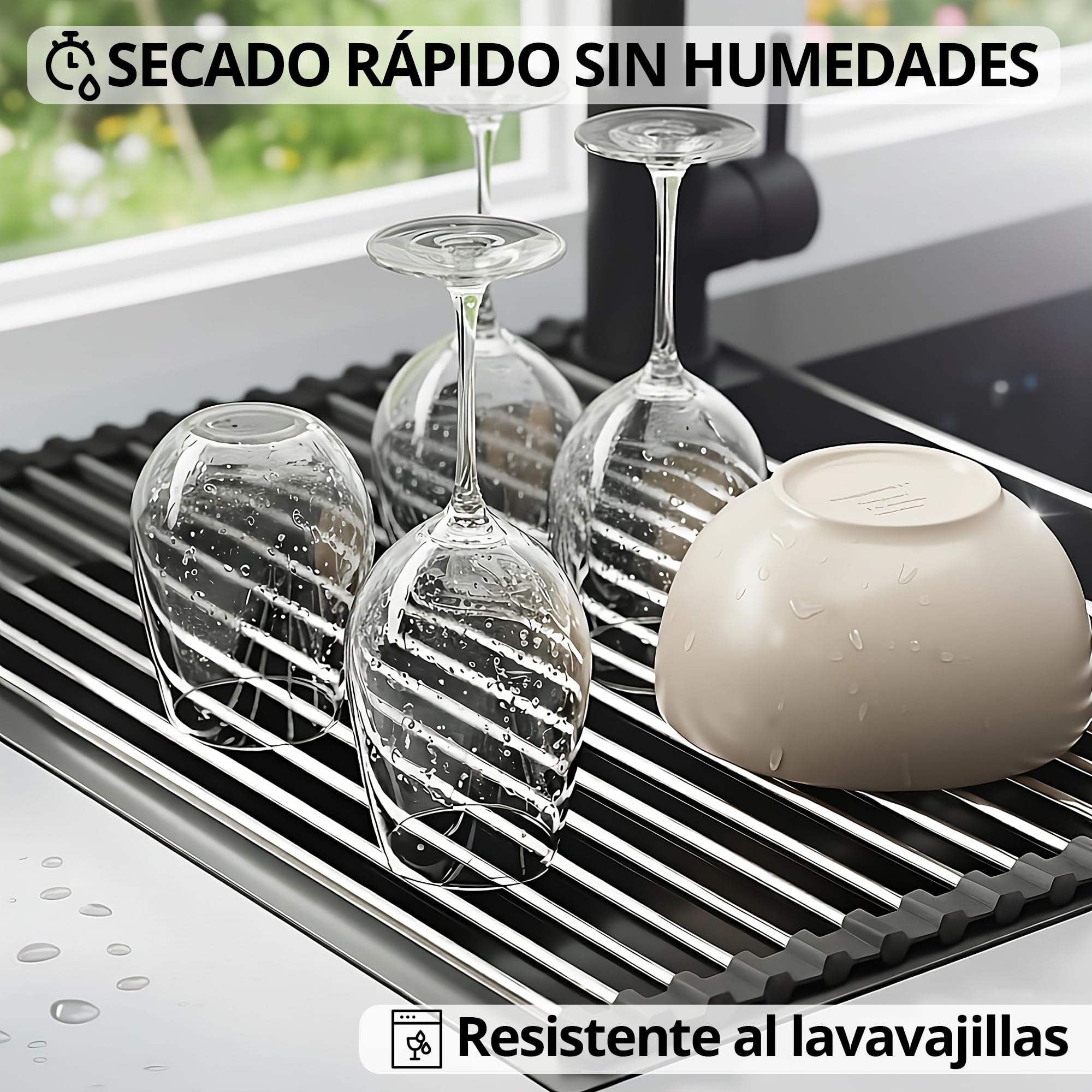 Escurreplatos sobre Fregadero + Soporte Estropajo, Escurridor de Platos y Verduras para Fregadero Plegable y Enrollable (43x35cm), Acero Inoxidable SUS 304 y Silicona, Base Resistente al Calor