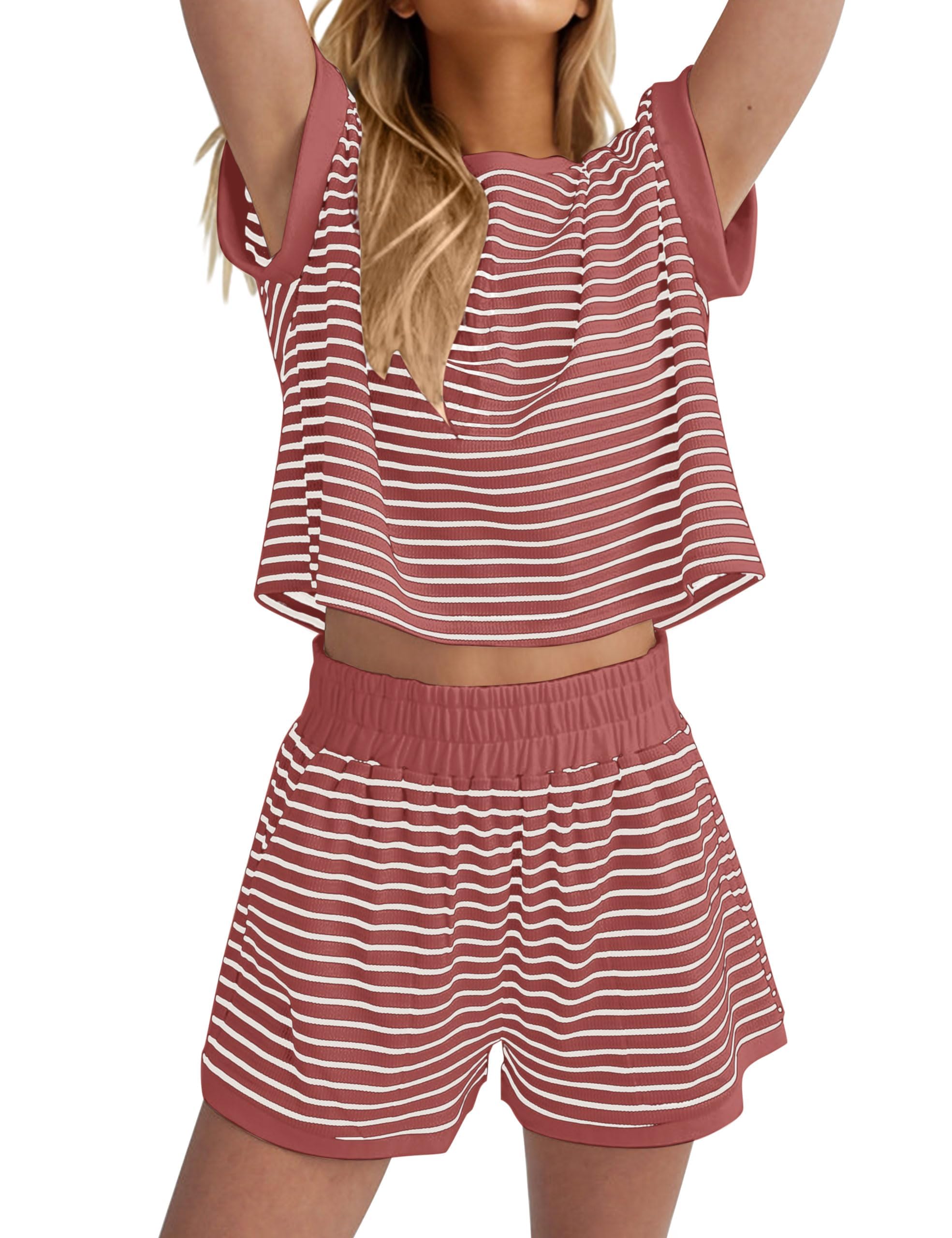 Burtell Women Summer 2 Piece Lounge Sets Striped Short Sleeve Tee Shirts Mini Shorts Loungewear Shorts Set Ribbed Pajama Set