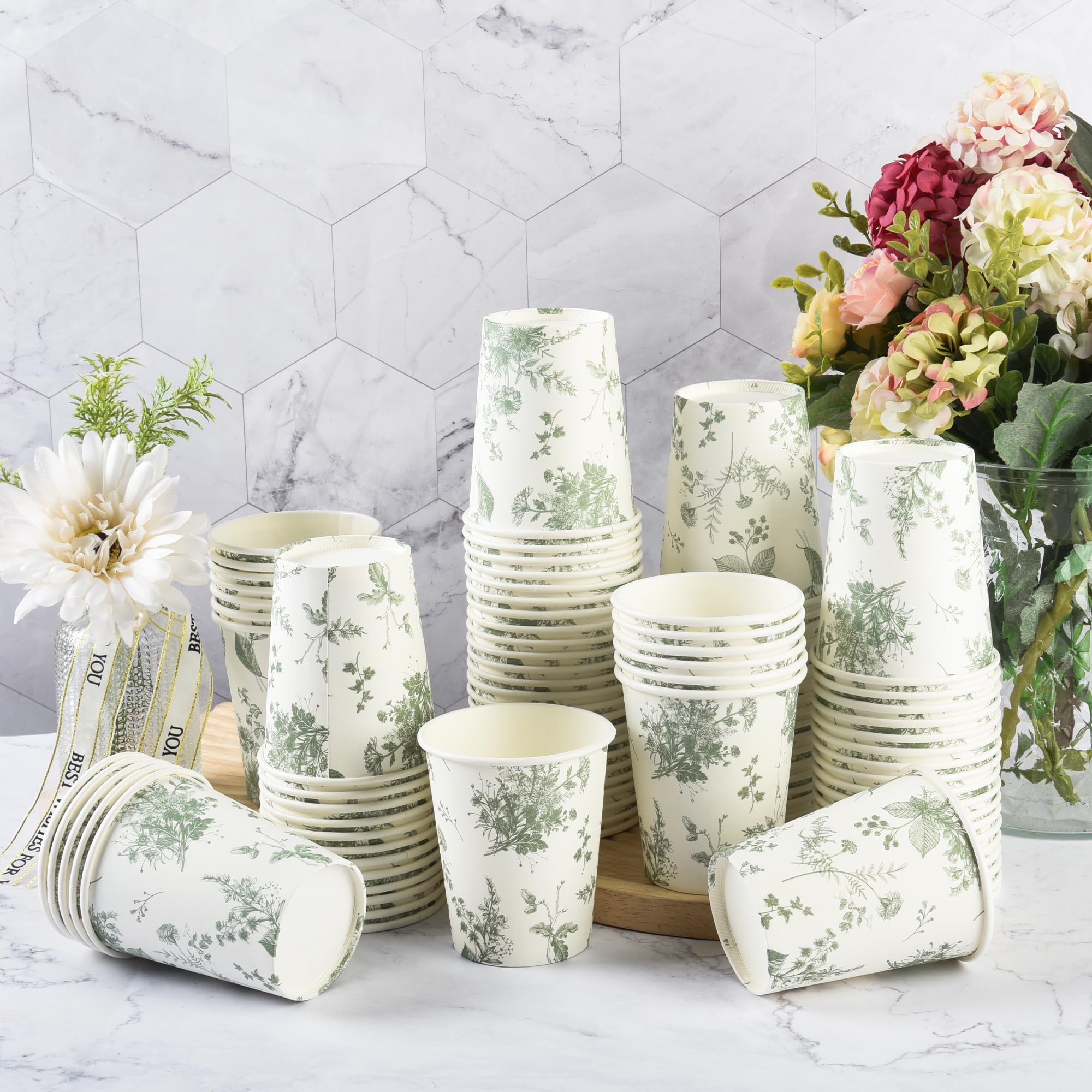 100 vasos de papel florales de color blanco salvia y flores verdes para fiestas, vasos desechables de 9 onzas para bebidas frías y calientes, suministros de fiesta de cumpleaños, baby shower