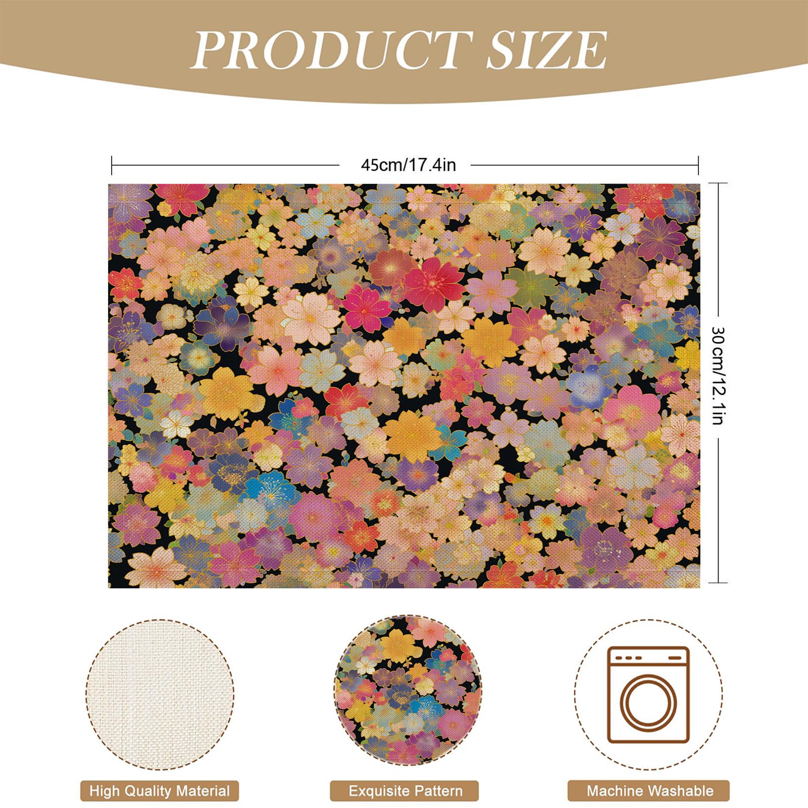 Set de Table Dessin animé - 8 Pièces Tapis de Table Petit Motif Floral en Coton et Lin 45×30cm Lavable Placemats Rectangulaire pour Salle à Manger, Salon