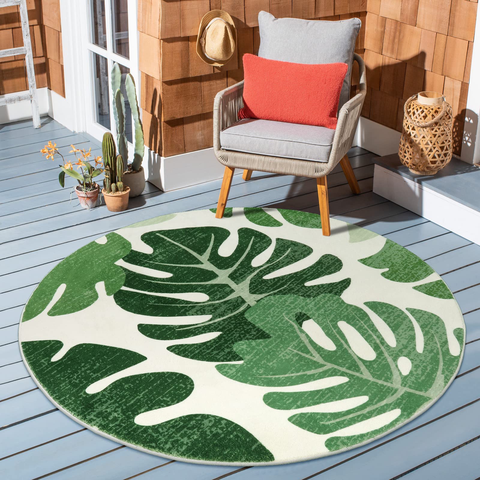 Buy Lukinbox Green Leaf Indoor Outdoor Rugs for Patio, 4ft Round