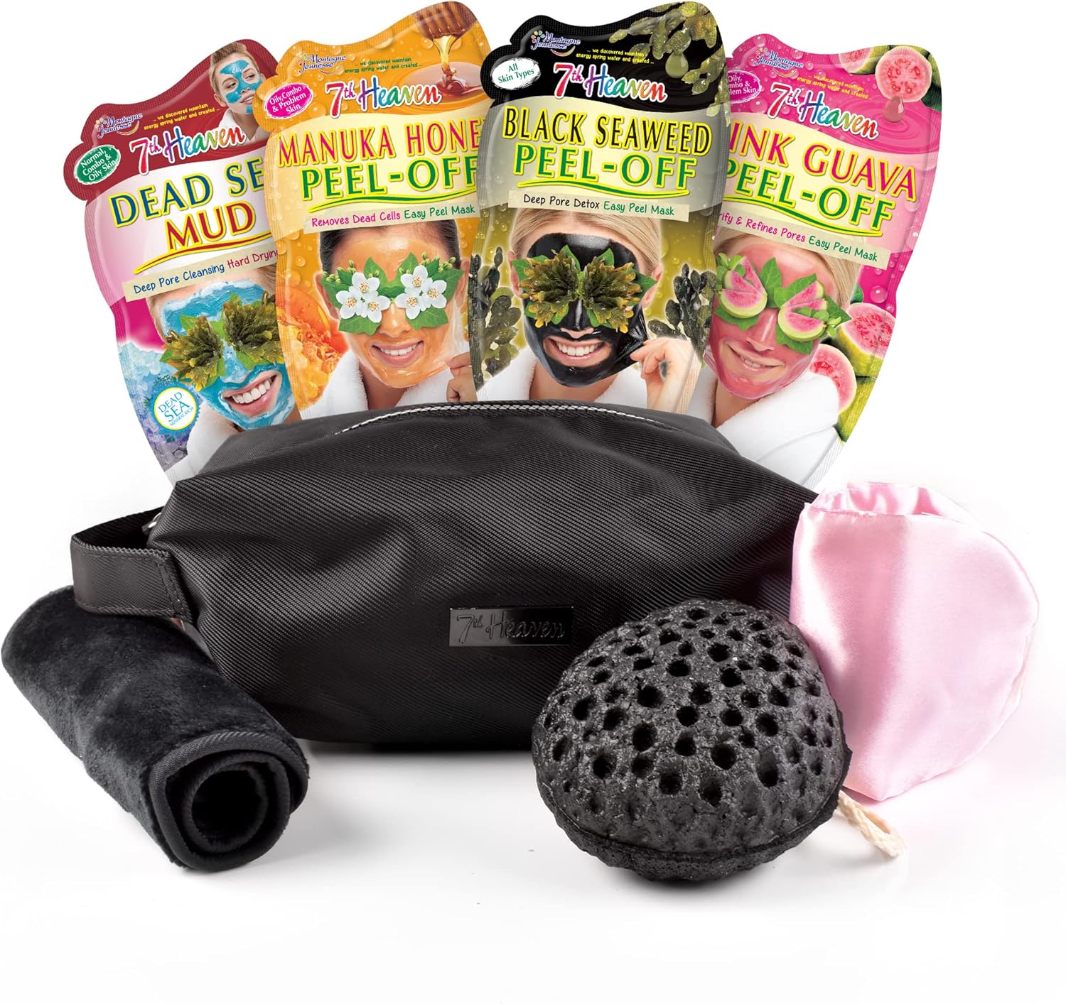 7th Heaven Washbag Gift Set Includes 4 Face Masks, Soft Cleansing Cloth, Charcoal Sponge and