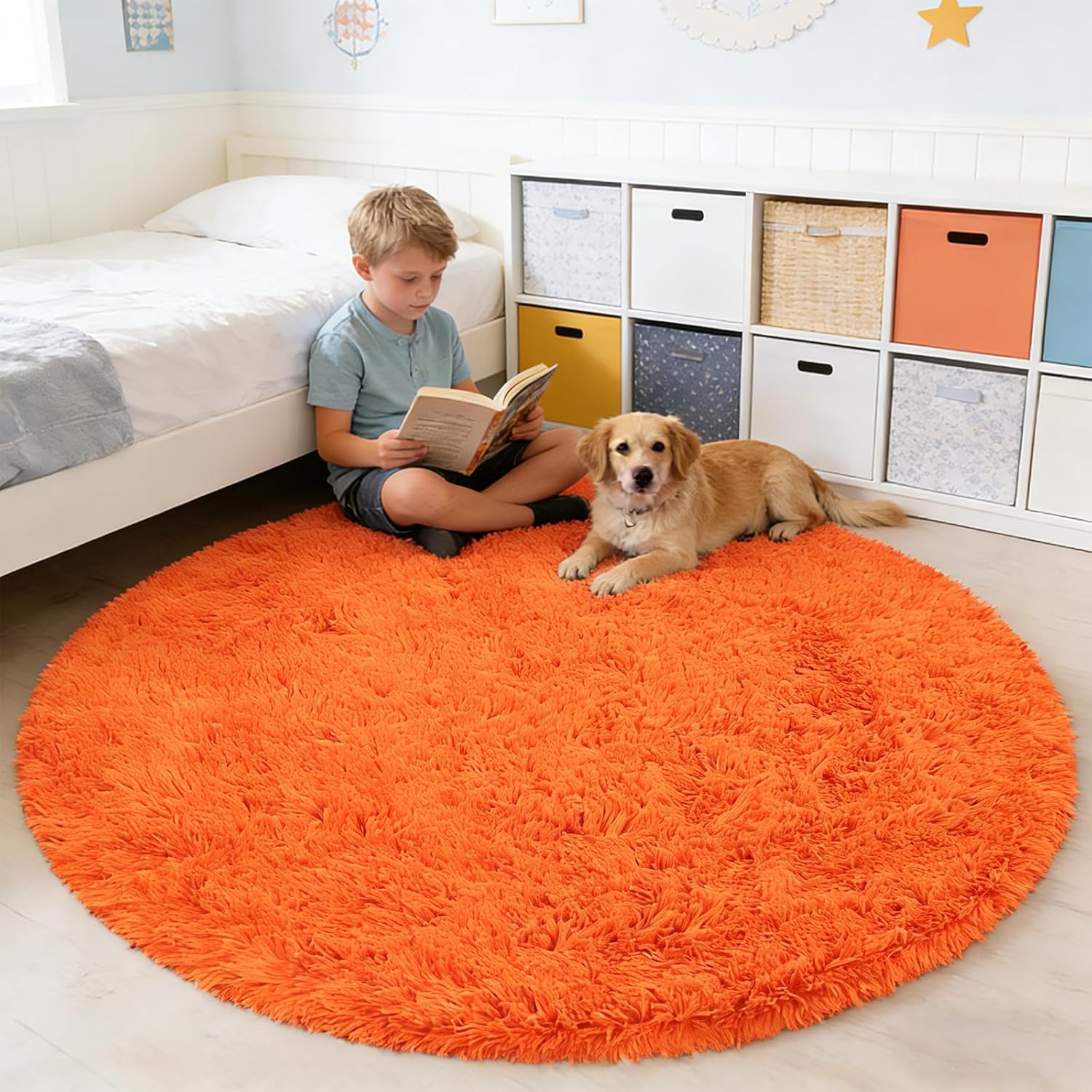 Orange Fluffy Round Rug,Soft Area Rugs for Girls Room,Shaggy Rugs 4'X4' for Living Room,Non Slip Circle Rug for Kids Bedroom,Shag Plush Nursery Carpets,Fuzzy Plush Rug for Dorm,Cute Room Decor Carpet