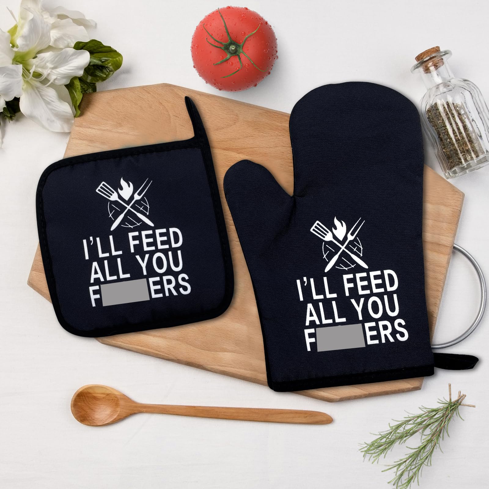 I'll Feed All You Fuckers, Funny Oven Mitts and Pot Holders Set of 2, Silicone Non-Slip Oven Mitts, Kitchen Gift for Men and Women, Cooking Baking BBQ and Housewarming Gifts
