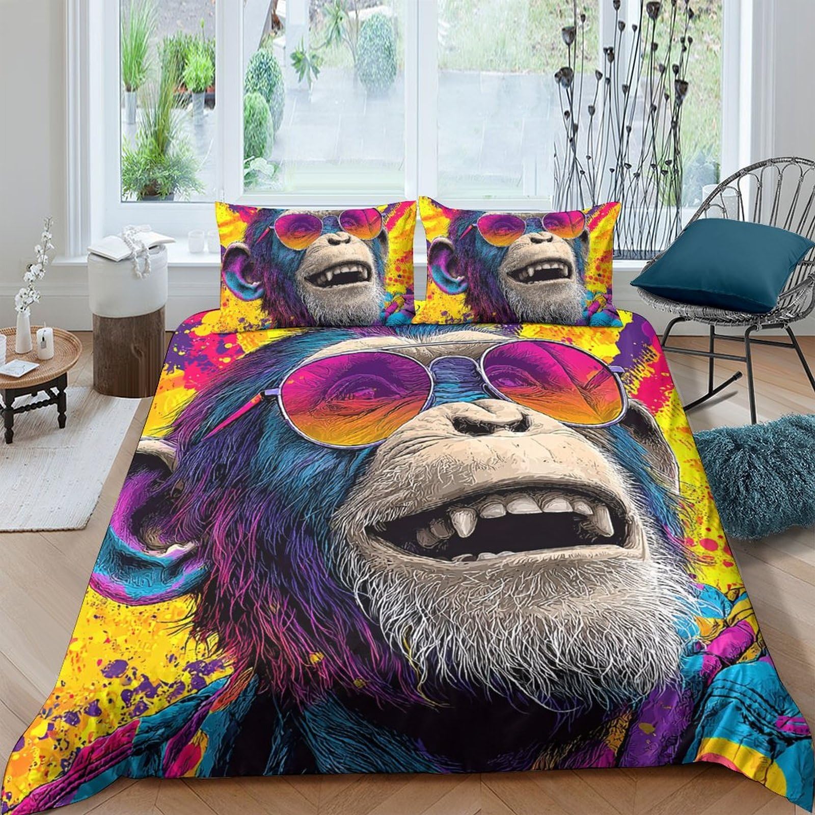 Ctjqhvkz Style-5 3D Printed Colorful Monkey Fitted Sheet Microfiber Vibrant Sunglasses Bed Cover Anti-Slip Mattress Protector Decor Single（135X200cm）