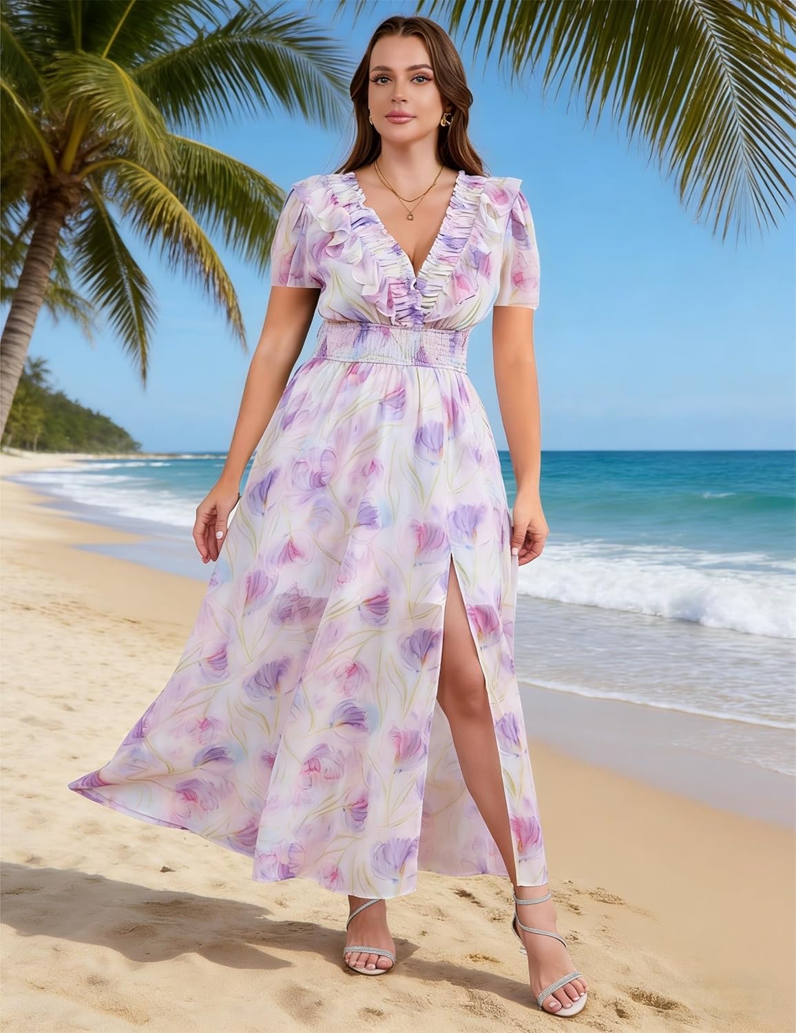 Wedding Guest Party Dresses for Curvy Women, V Neck Flowy Dress with Slit, Stretchy Waist Dress That Fit and Flatter