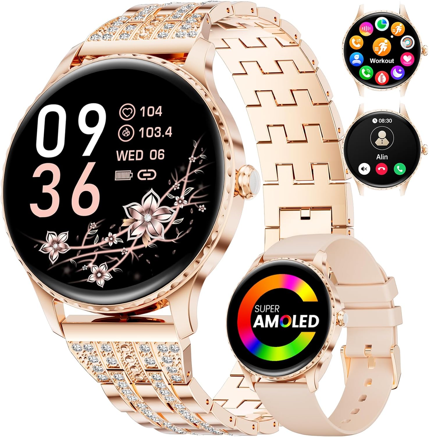 Smart Watches for Women with 1.32" AMOLED Display, Bluetooth Calling, 121 Sports Modes, Heart Rate & Sleep Monitor, Fitness Tracker, IP68 Waterproof, 2 Bands, Compatible with Android iOS
