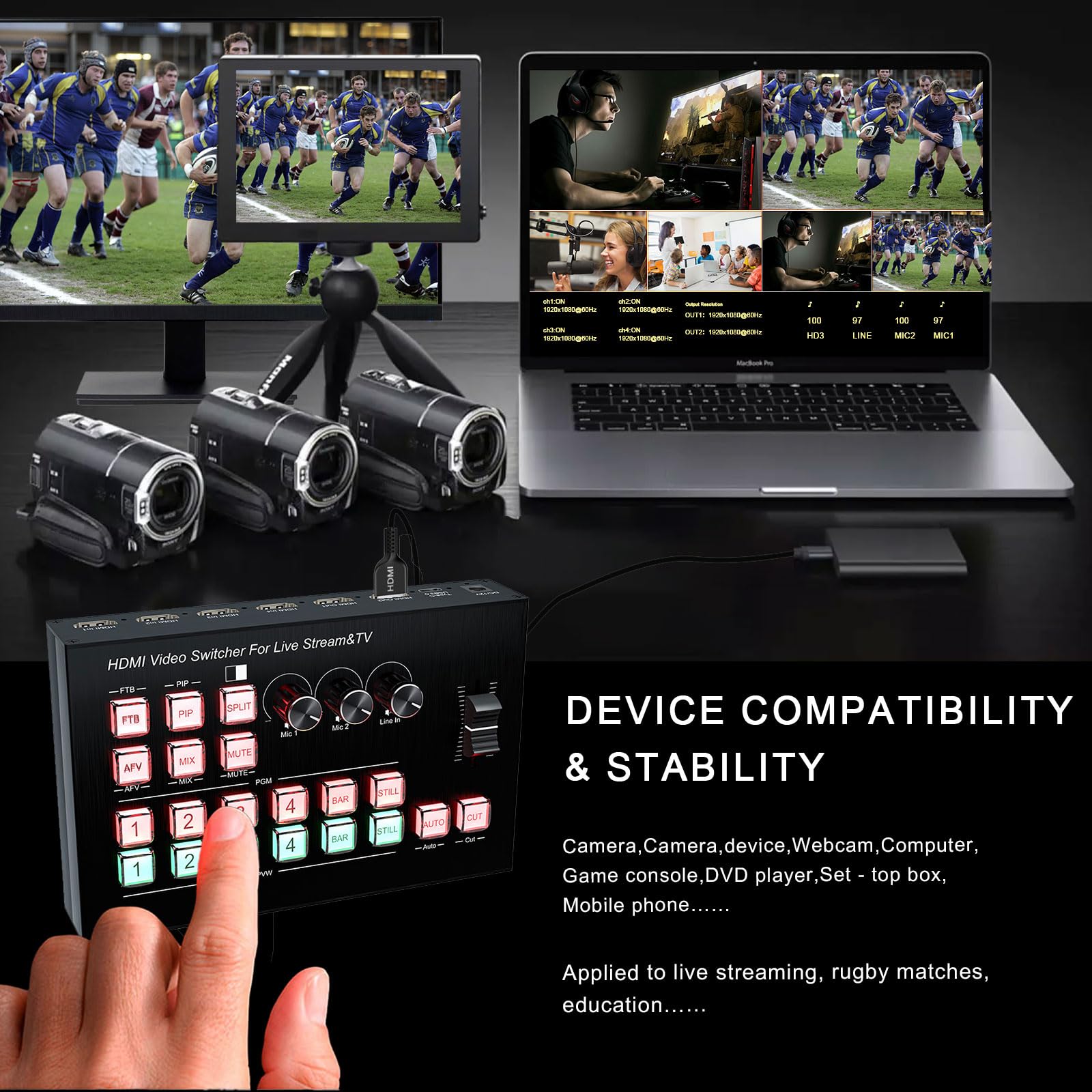 Live Streaming Video Mixer, 4 HDMI 4 Channel Input Video Switcher 2 Output HDMI Switcher, Support 1080P@60Hz, HDCP 1.4, Digital Audio Mixer Professional Streaming