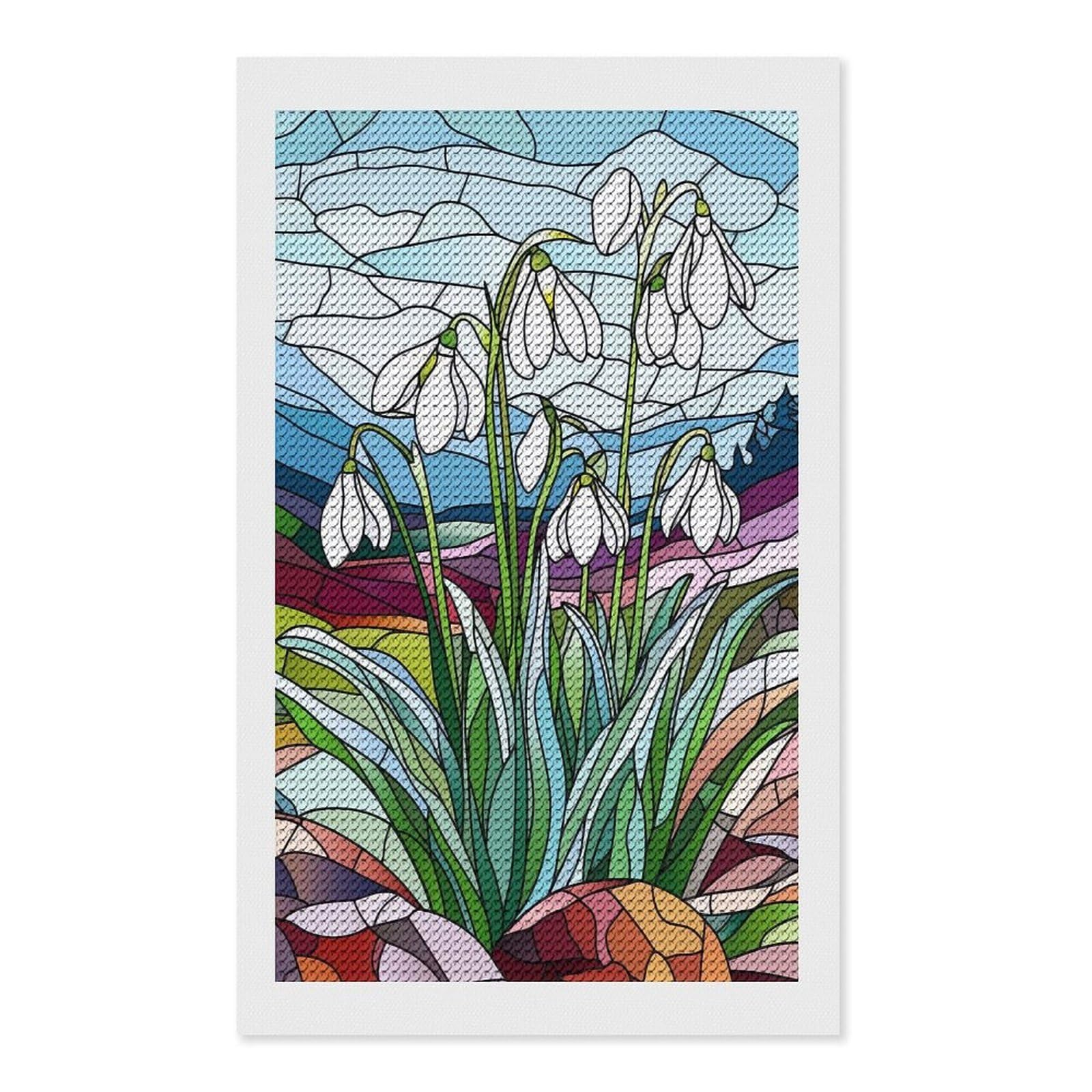 Junmoney Stained Glass Snowdrops Diamond Art Canvas 12"x20", for Adults, Good for Quiet Evenings, Bedroom Decor, Festive Craft Gift, Easy to Enjoy