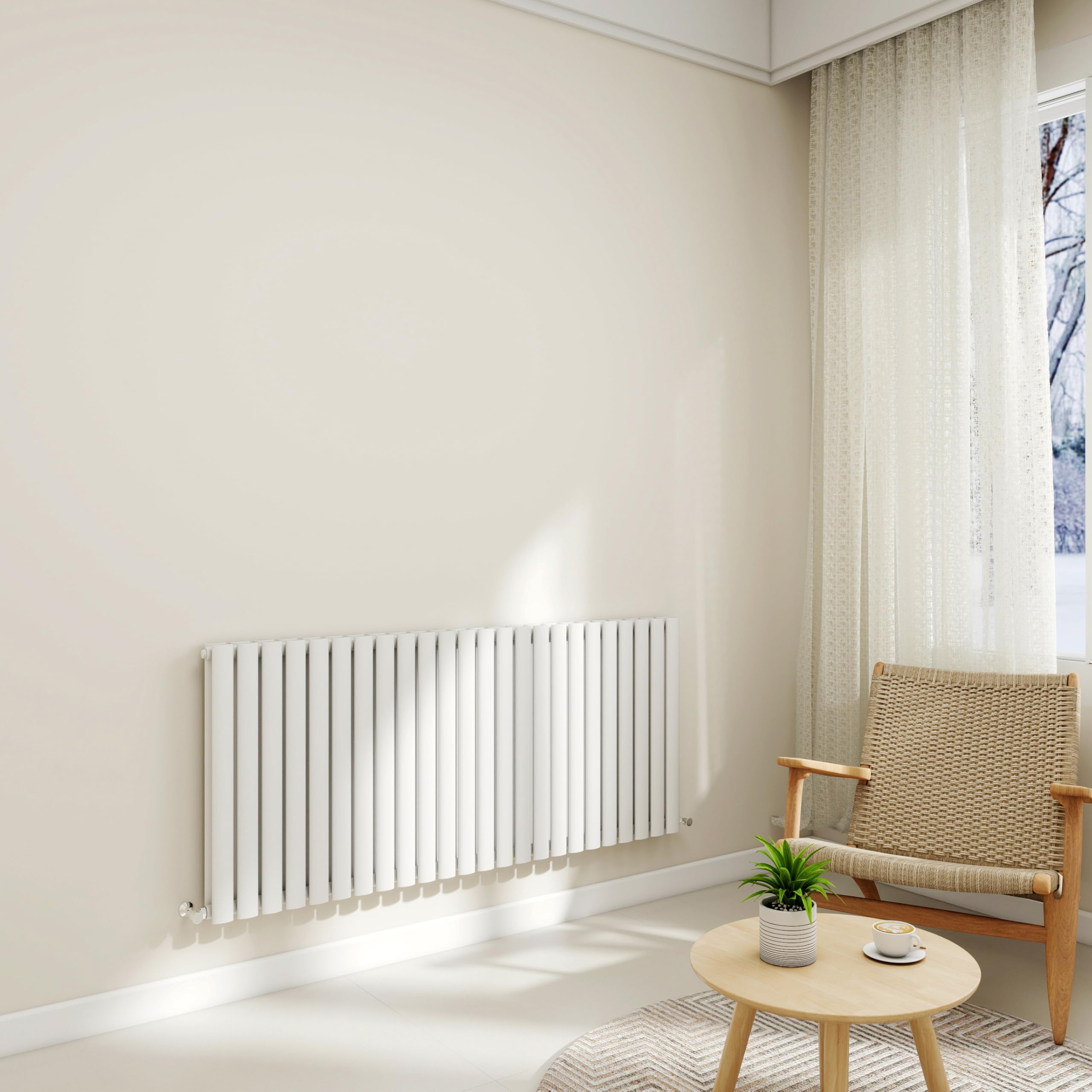 Horizontal Stylish Traditional Column Radiator, 600x1416mm Gloss White Radiator Oval Column, Double Panel Modern Radiator for Bathroom/Living Room, Office, Central Heating Heater Rads