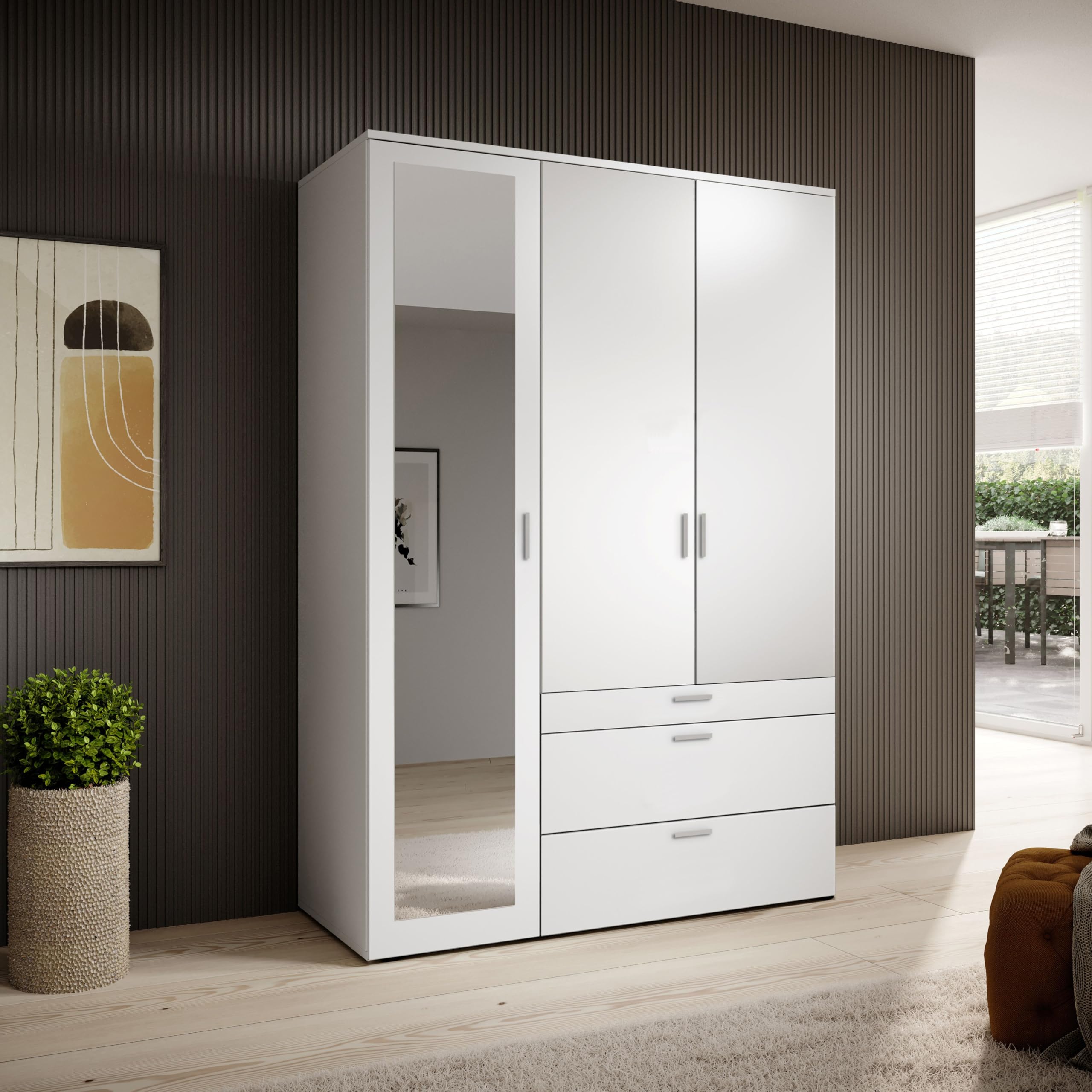 VESALA Kleiderschrank mit Spiegeltür in Weiß, 3-türig Drehtürenschrank | 135 x 195 x 56 cm (B/H/T), Schlafzimmer, Kleiderstange, 4 Ablageböden, 3 Schubladen, Schlafzimmerschrank, mit Spiegel