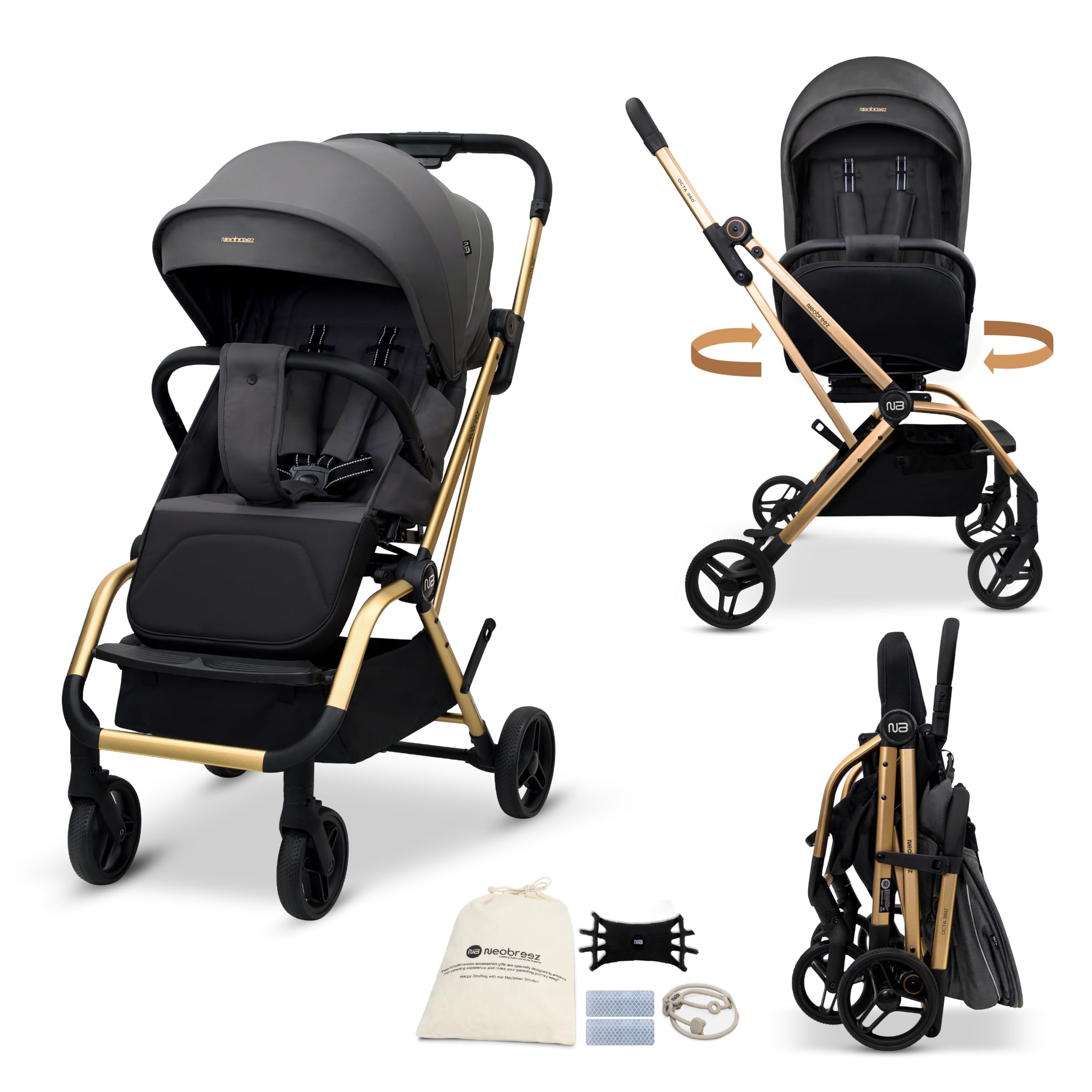 Neobreez Octa 360° Rotating Seat Baby Toddler Stroller One-Hand Fold,Waterproof UPF 50+ Canopy,Phone Holder,Cup Holder,Toy Strap,Reflective Stickers, Gift&String Bag,0-4 Years,22kg,3yrs Warranty-picture-10