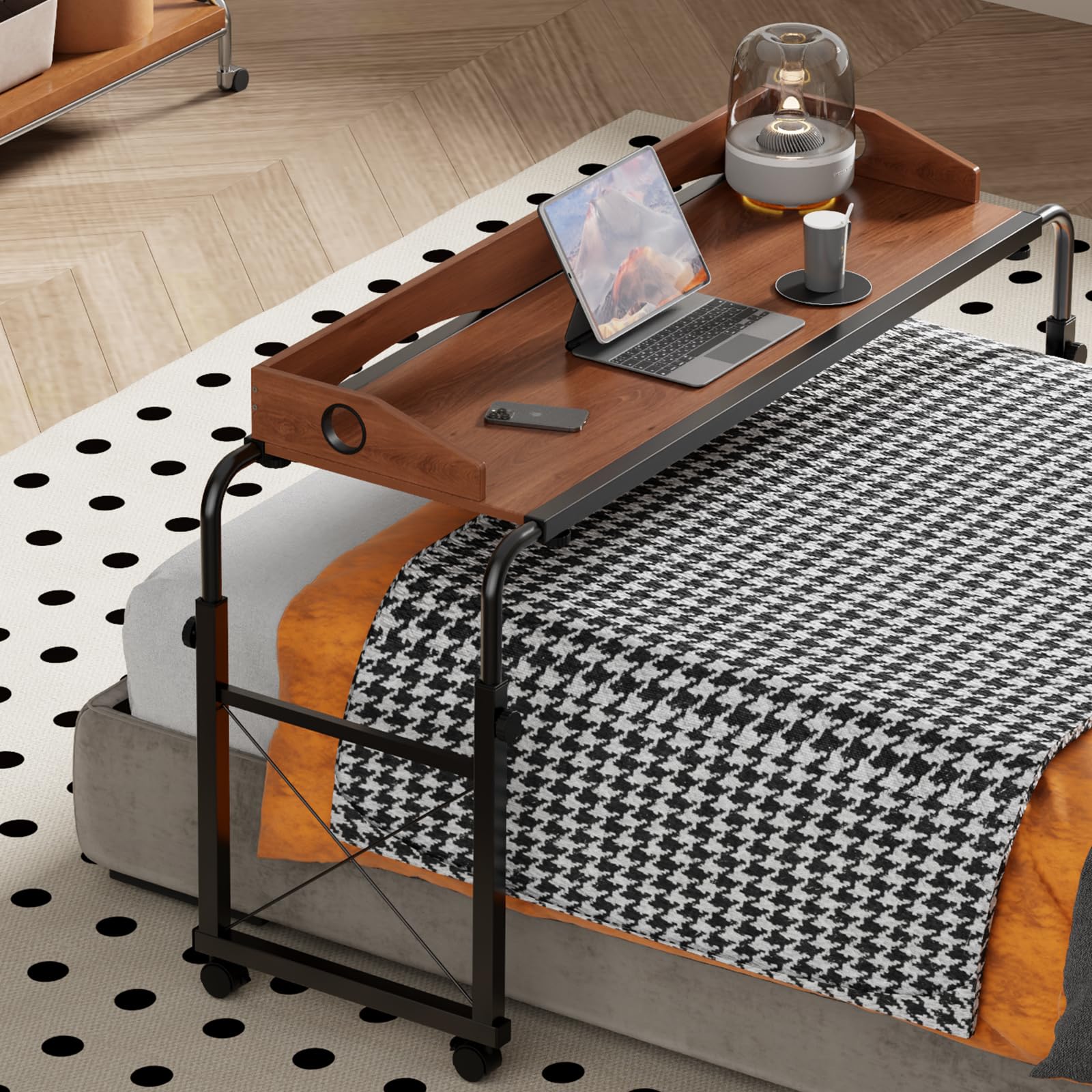 overbed table with wheels, overbed desk with adjustable length and height, rolling over bed desk, king queen over the bed table on wheels, heavy duty laptop table for hospital and home