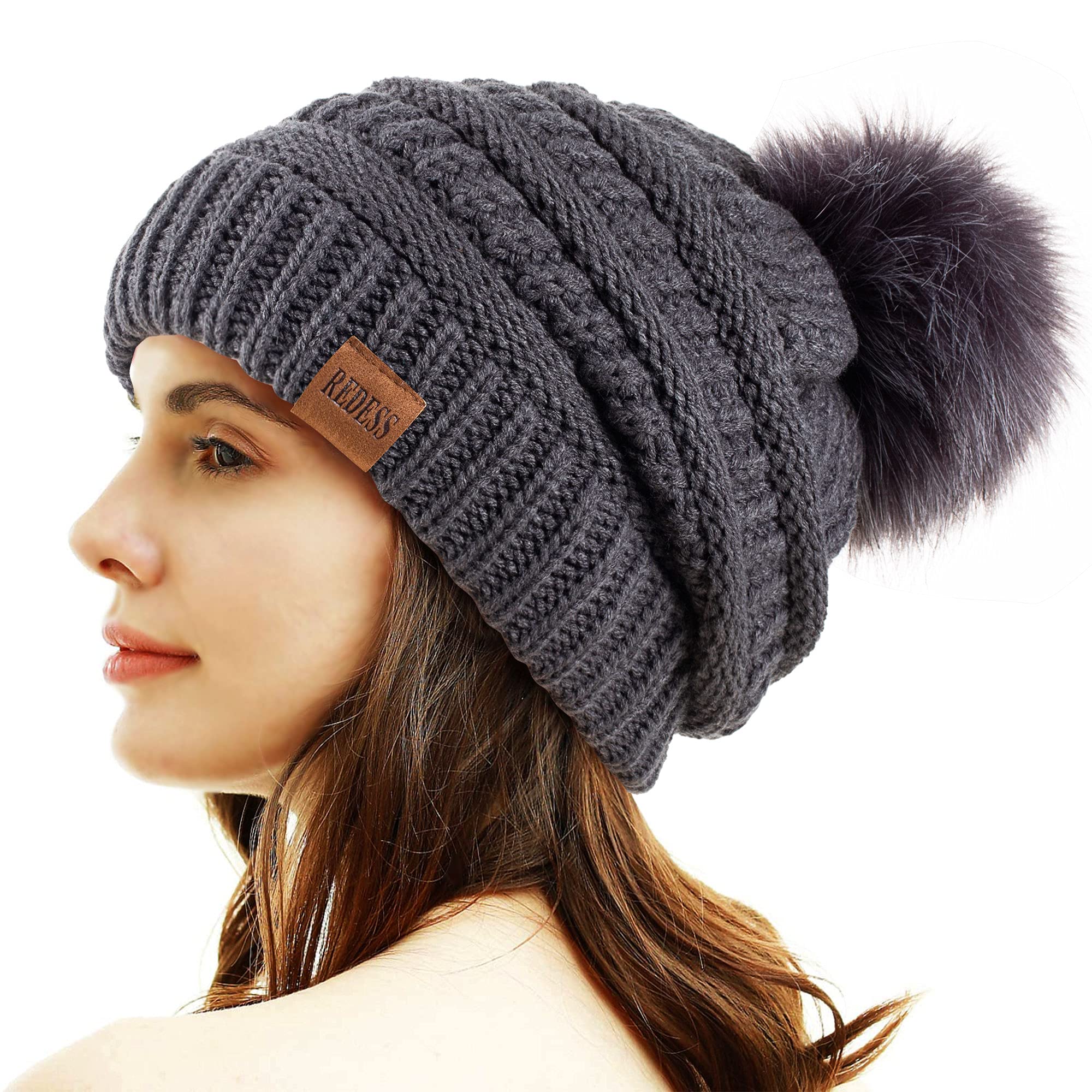 REDESS Cappello Invernale da Donna con Pom Pom Beanie Caldo Foderato in Pile Spesso Slouchy Snow Knit Chunky Baggy Skull Berretto da Sci